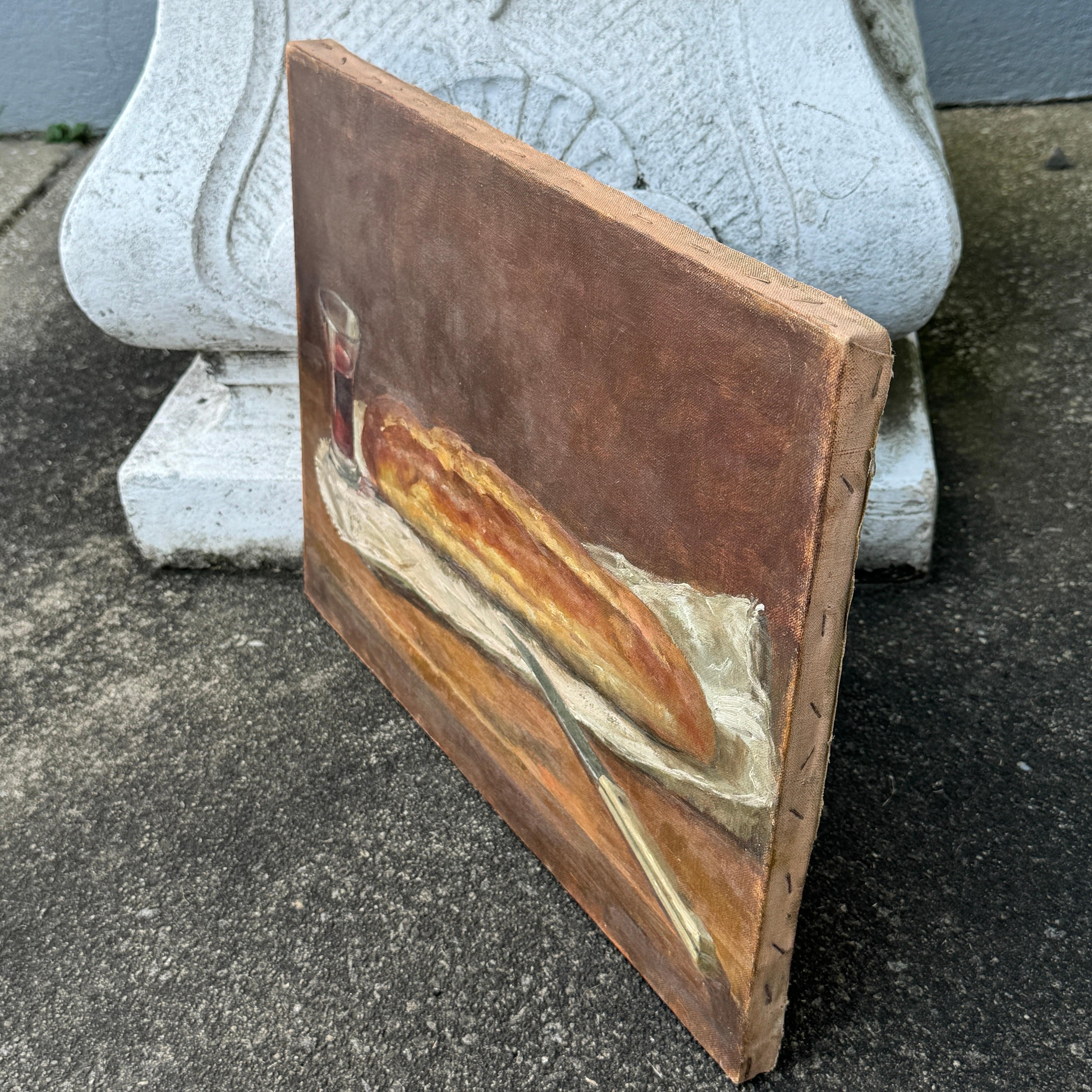 20th Century French Double Sided Still-Life Oil on Canvas Wine and Bread Painting For Sale