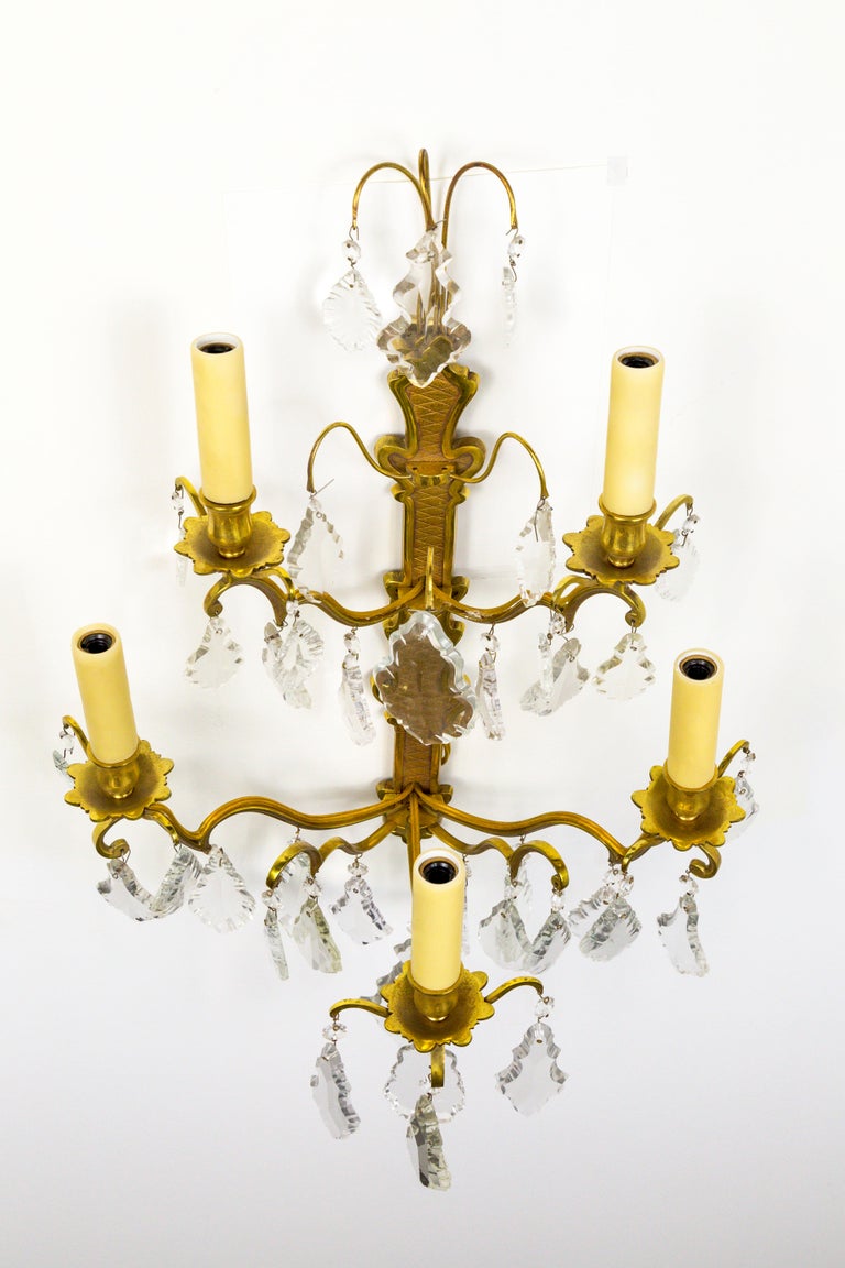 French Double Tier Crystal Candelabra Sconce For Sale 4