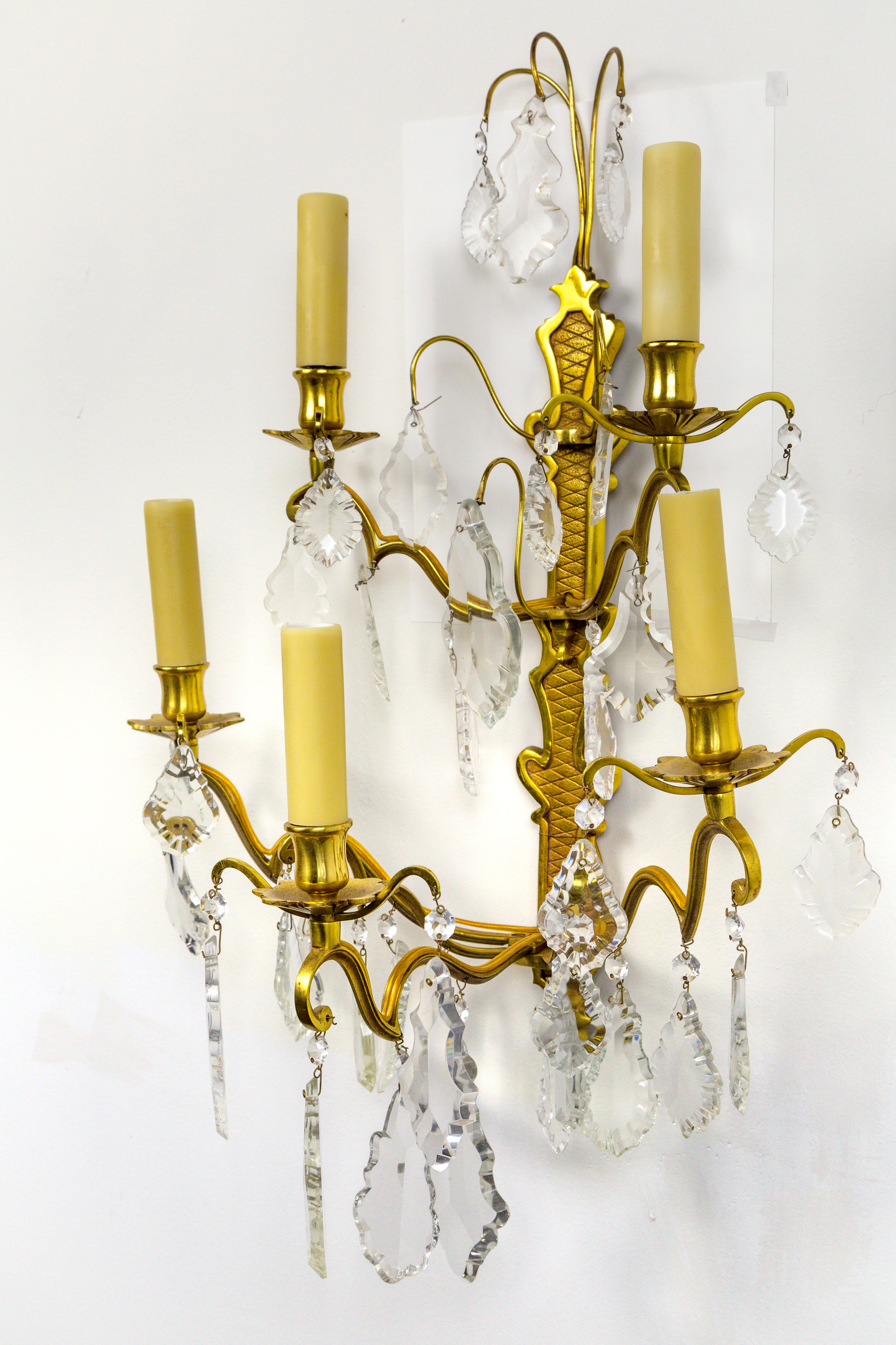 French Double Tier Crystal Candelabra Sconces, Pair In Excellent Condition In San Francisco, CA