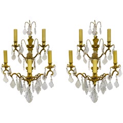 French Double Tier Crystal Candelabra Sconces, Pair