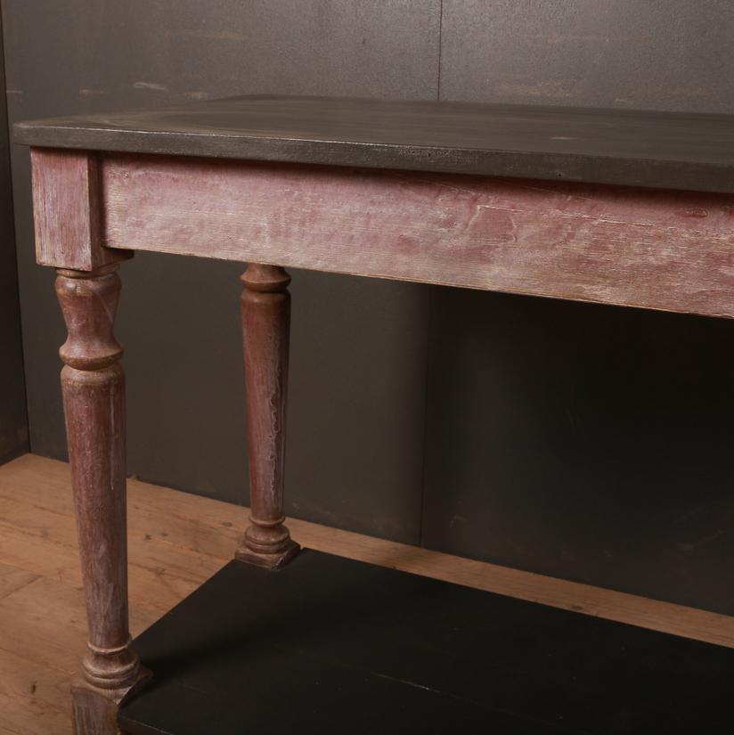 19th century French painted drapers table. Finished on all sides, 1880.

Reference: 5800

Dimensions:
68 inches (173 cms) wide
22.5 inches (57 cms) deep
35 inches (89 cms) high.