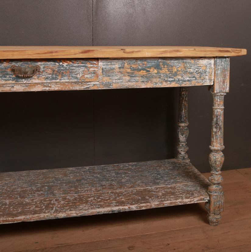 Amazing 19th century painted French drapers table, 1830.

Dimensions:
134 inches (340 cms) wide
24.5 inches (62 cms) deep
32.5 inches (83 cms) high.
 
 