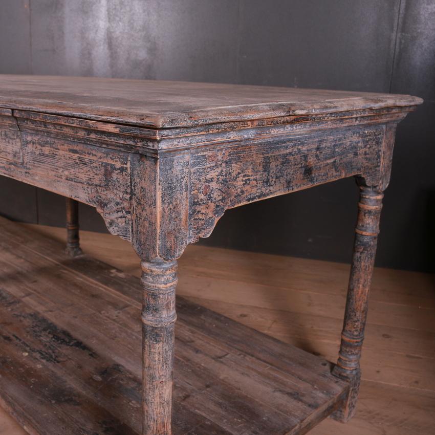 Large French style pine drapers table. Very distressed paint finish. Custom made to your specification. POA.

Dimensions
114.5 inches (291 cms) Wide
35 inches (89 cms) Deep
37 inches (94 cms) High

