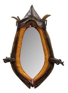 French Draught Horse Yoke Collar Mirror Leather Wood Iron 19th Century