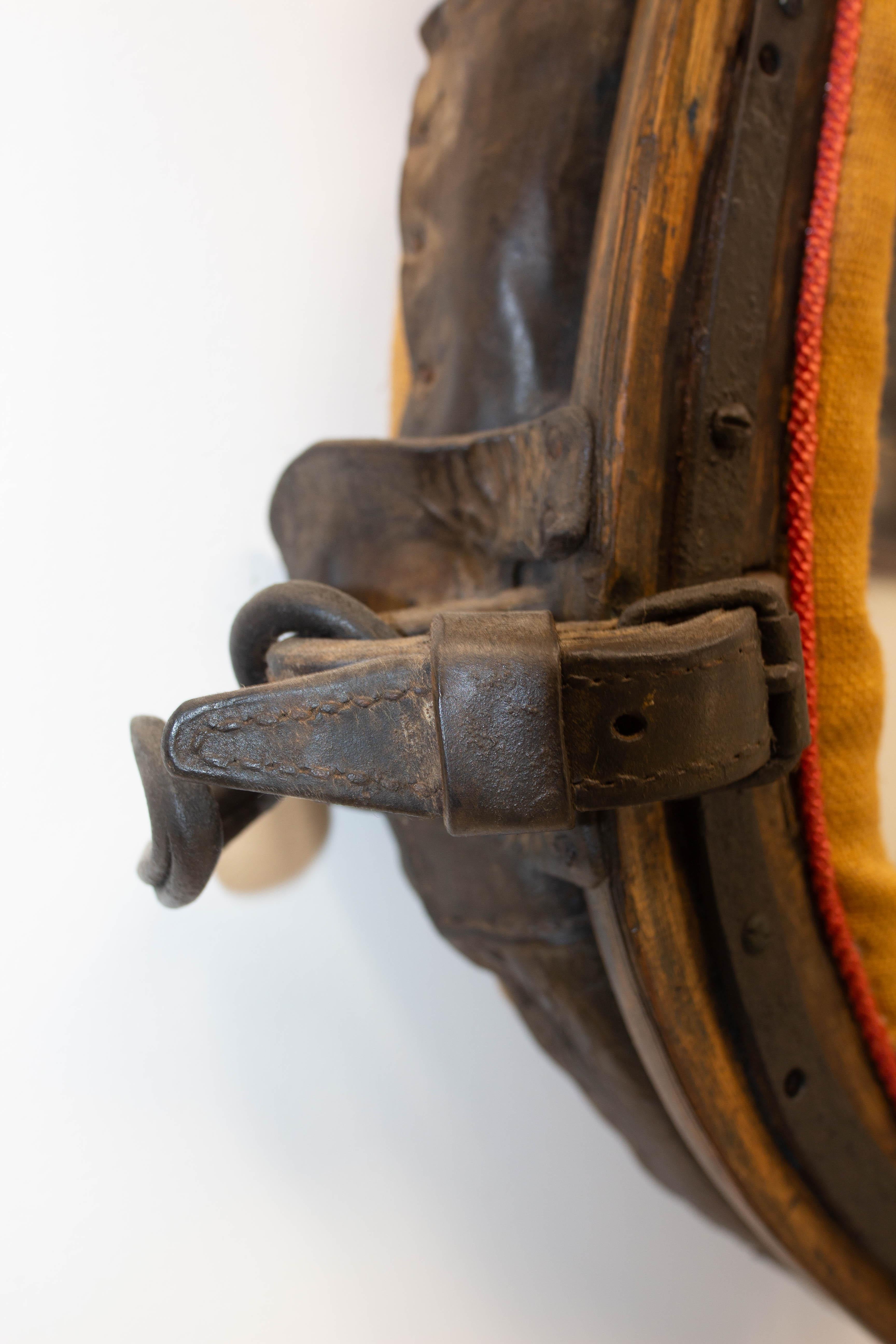 French Draught Horse Yoke Collar Mirror Leather Wood Iron 19th Century In Good Condition For Sale In Labrit, Landes
