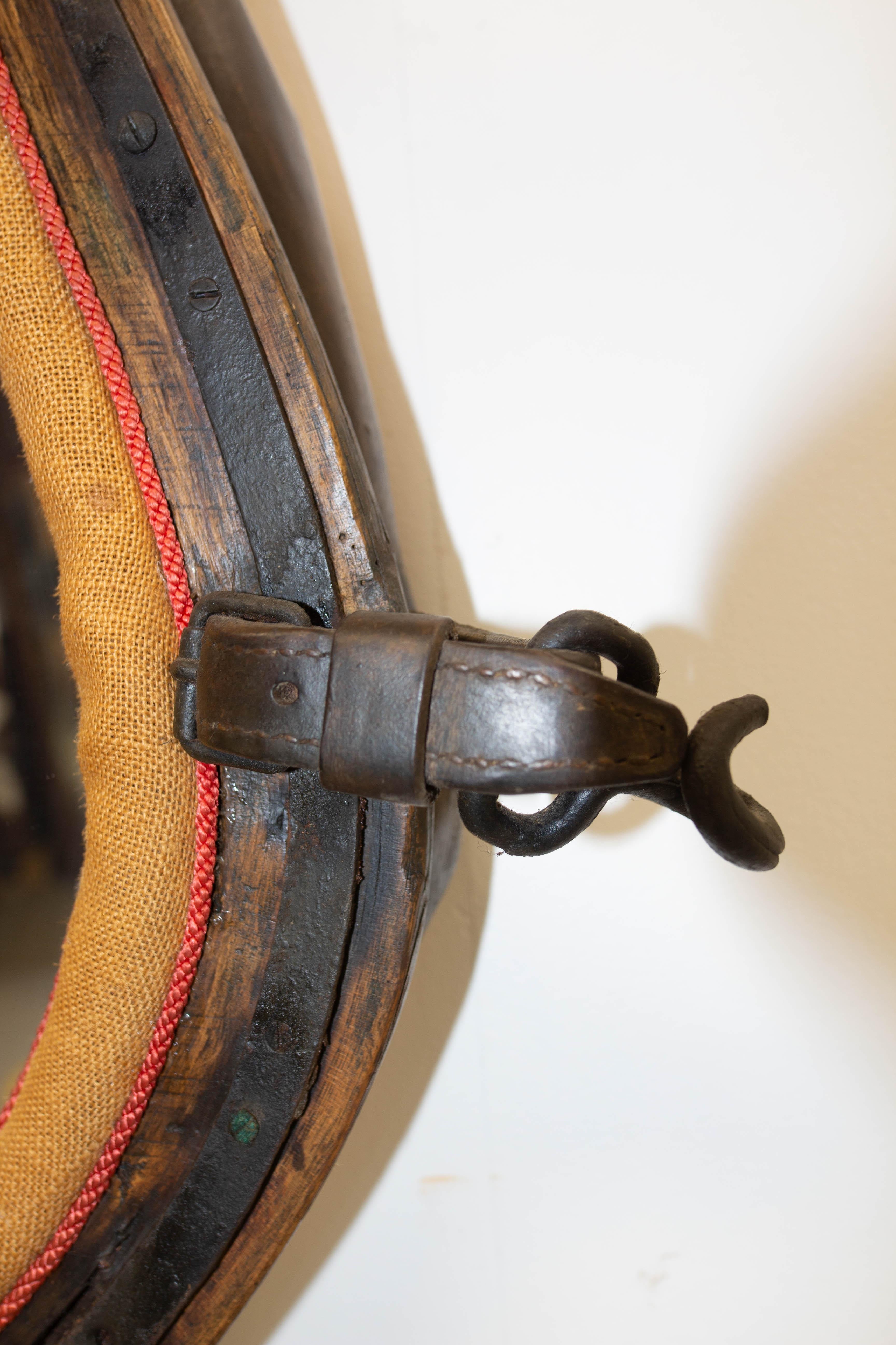 Late 19th Century French Draught Horse Yoke Collar Mirror Leather Wood Iron 19th Century For Sale