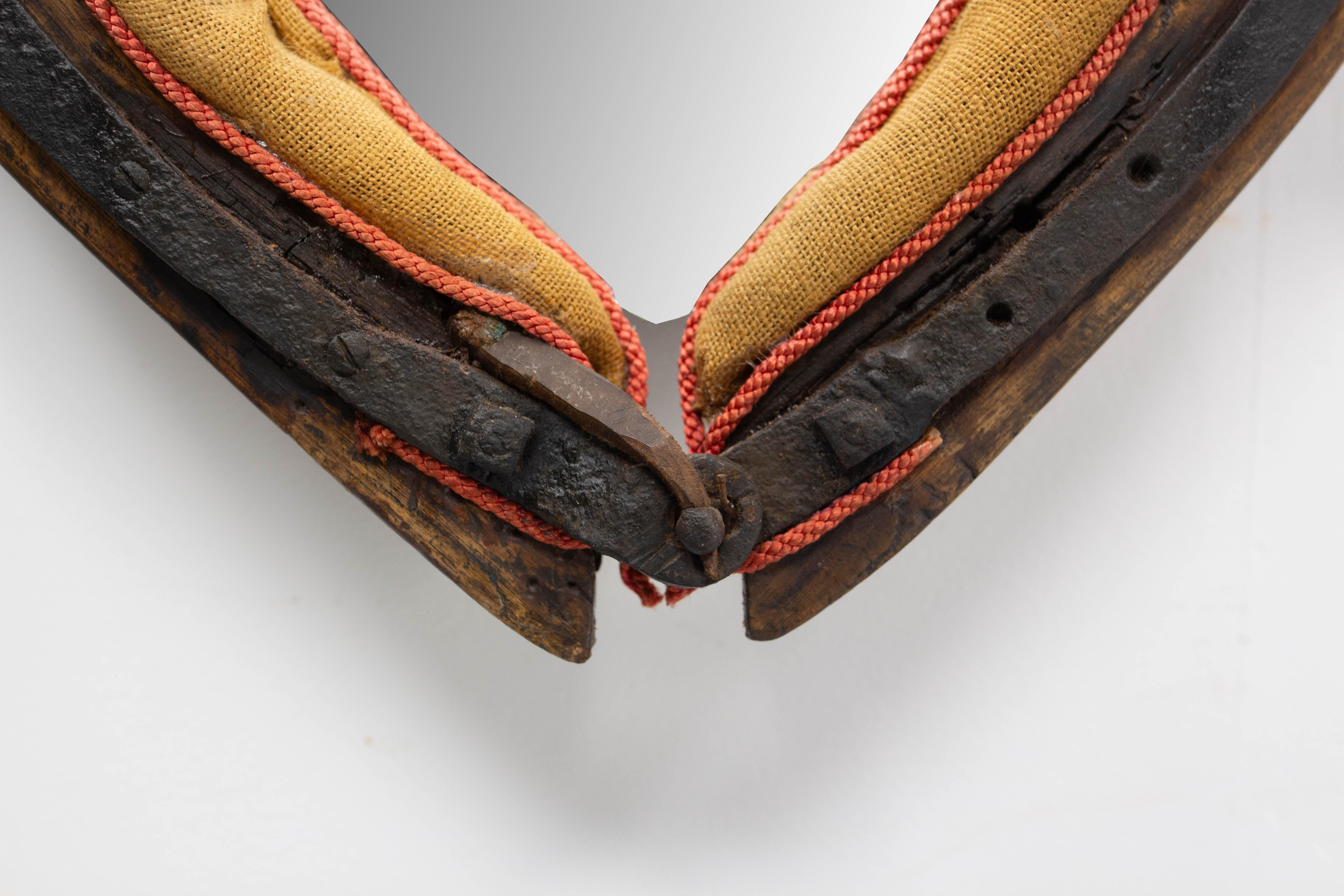 French Draught Horse Yoke Collar Mirror Leather Wood Iron 19th Century For Sale 2