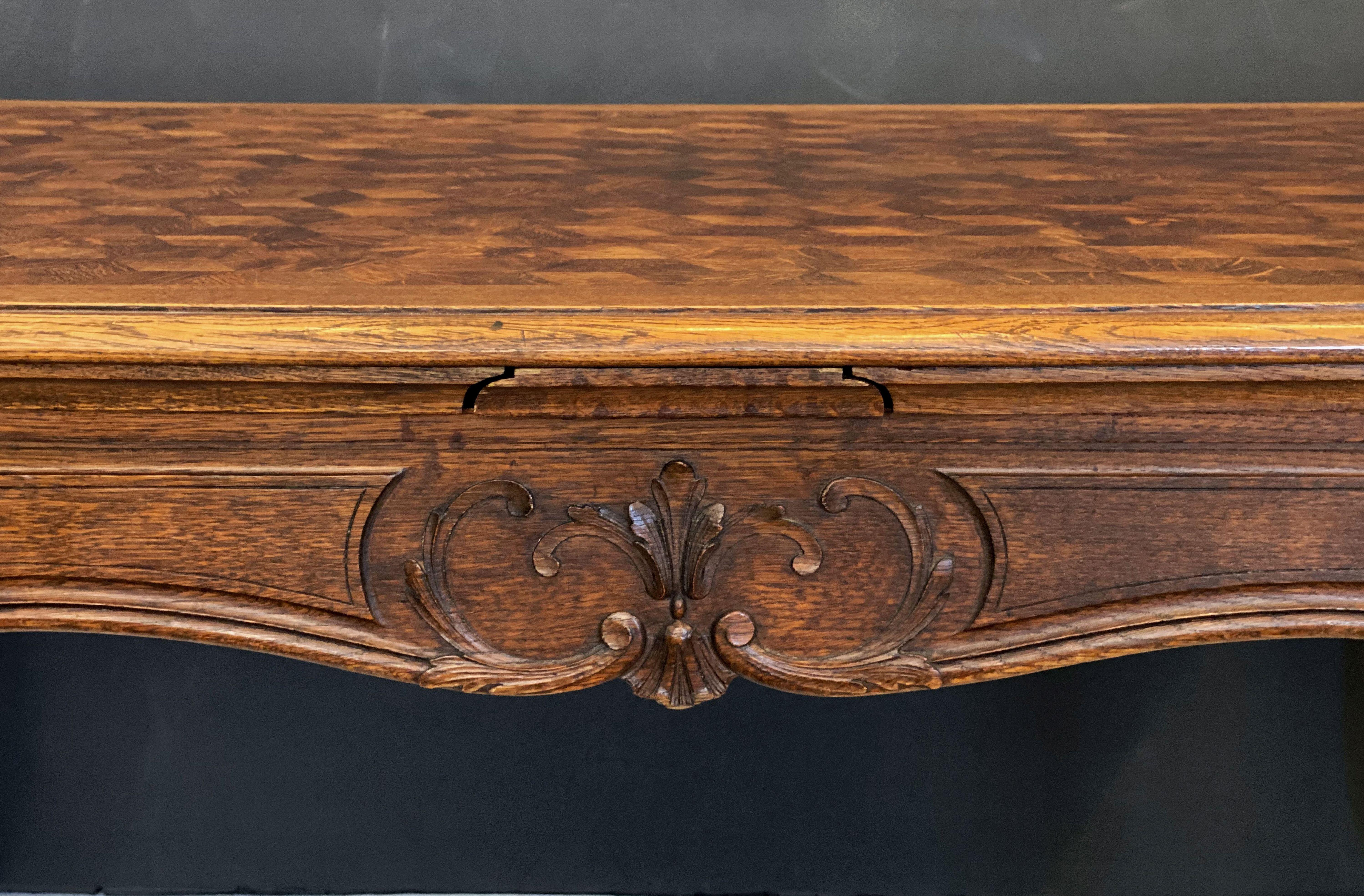 French Draw-Leaf Dining Table of Oak with Parquetry Top 7