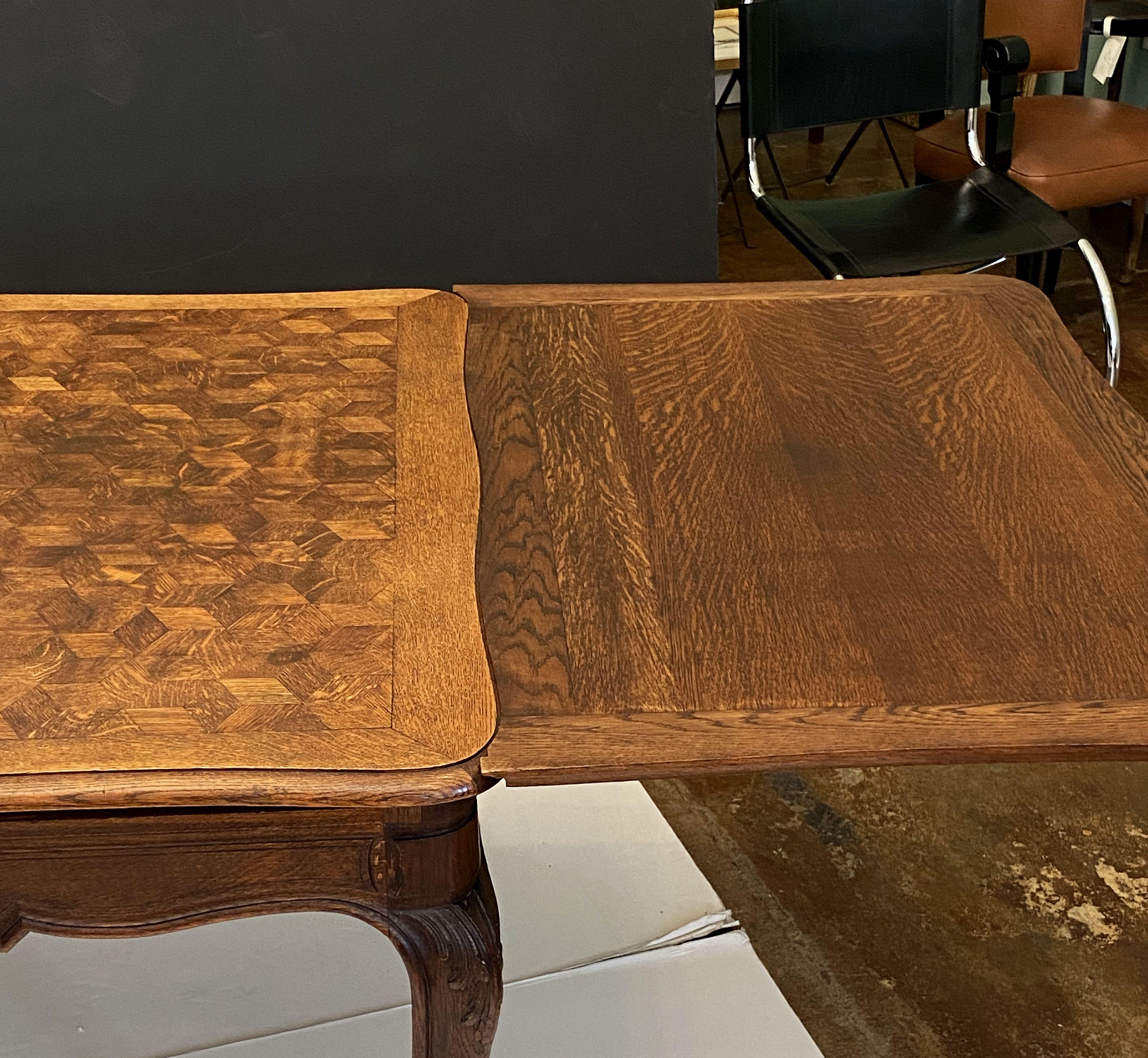 French Draw-Leaf Dining Table of Oak with Parquetry Top 11