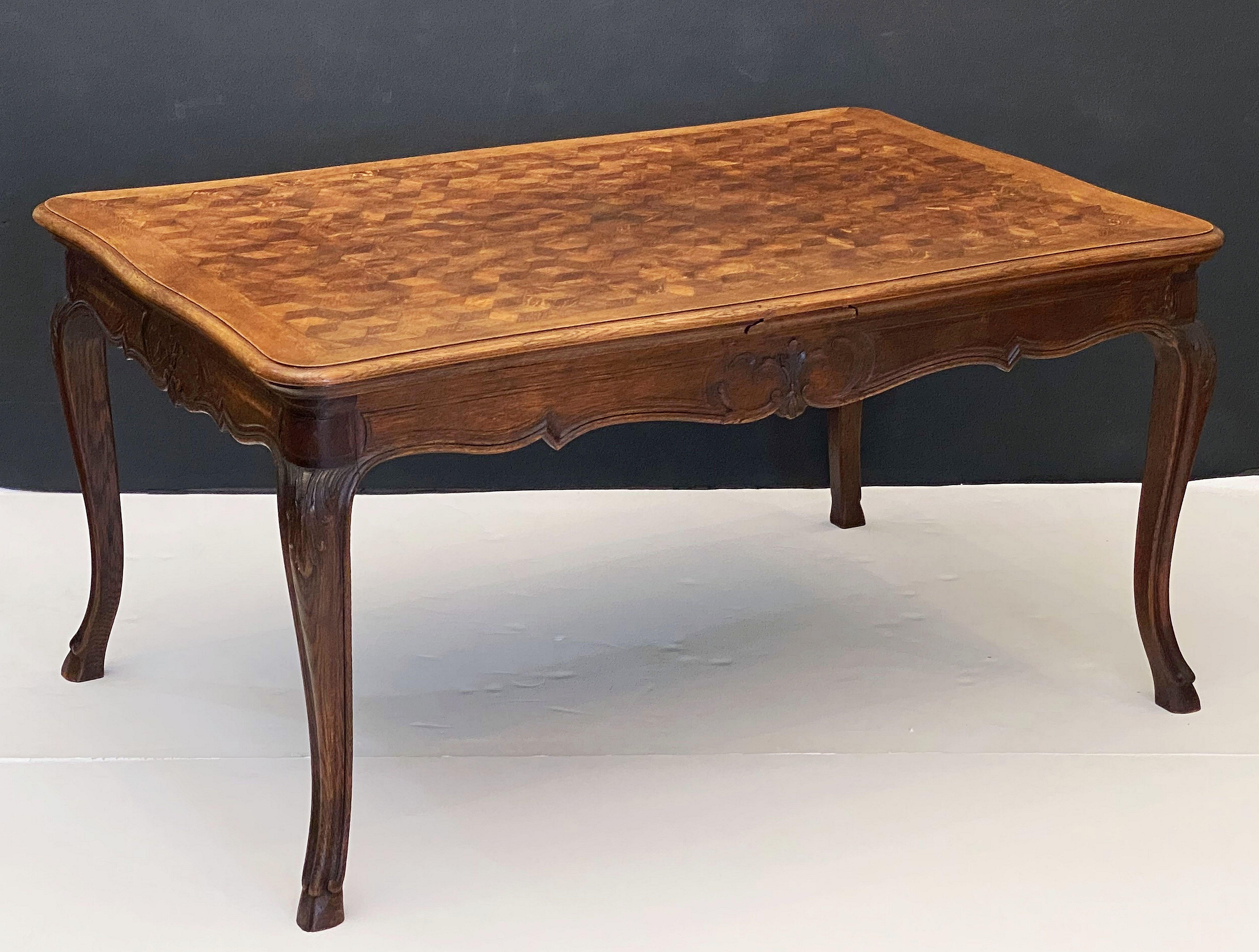Carved French Draw-Leaf Dining Table of Oak with Parquetry Top