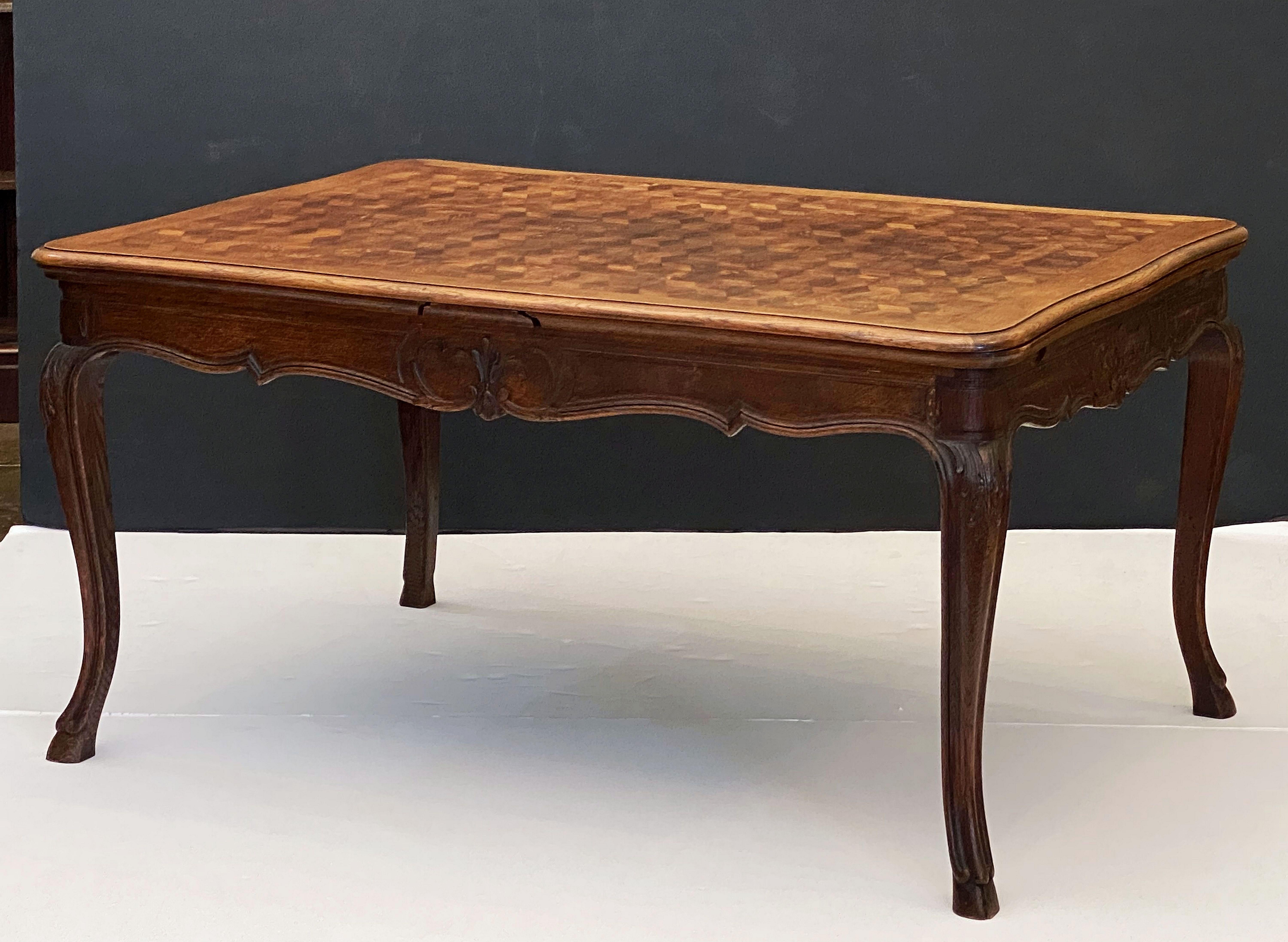 20th Century French Draw-Leaf Dining Table of Oak with Parquetry Top