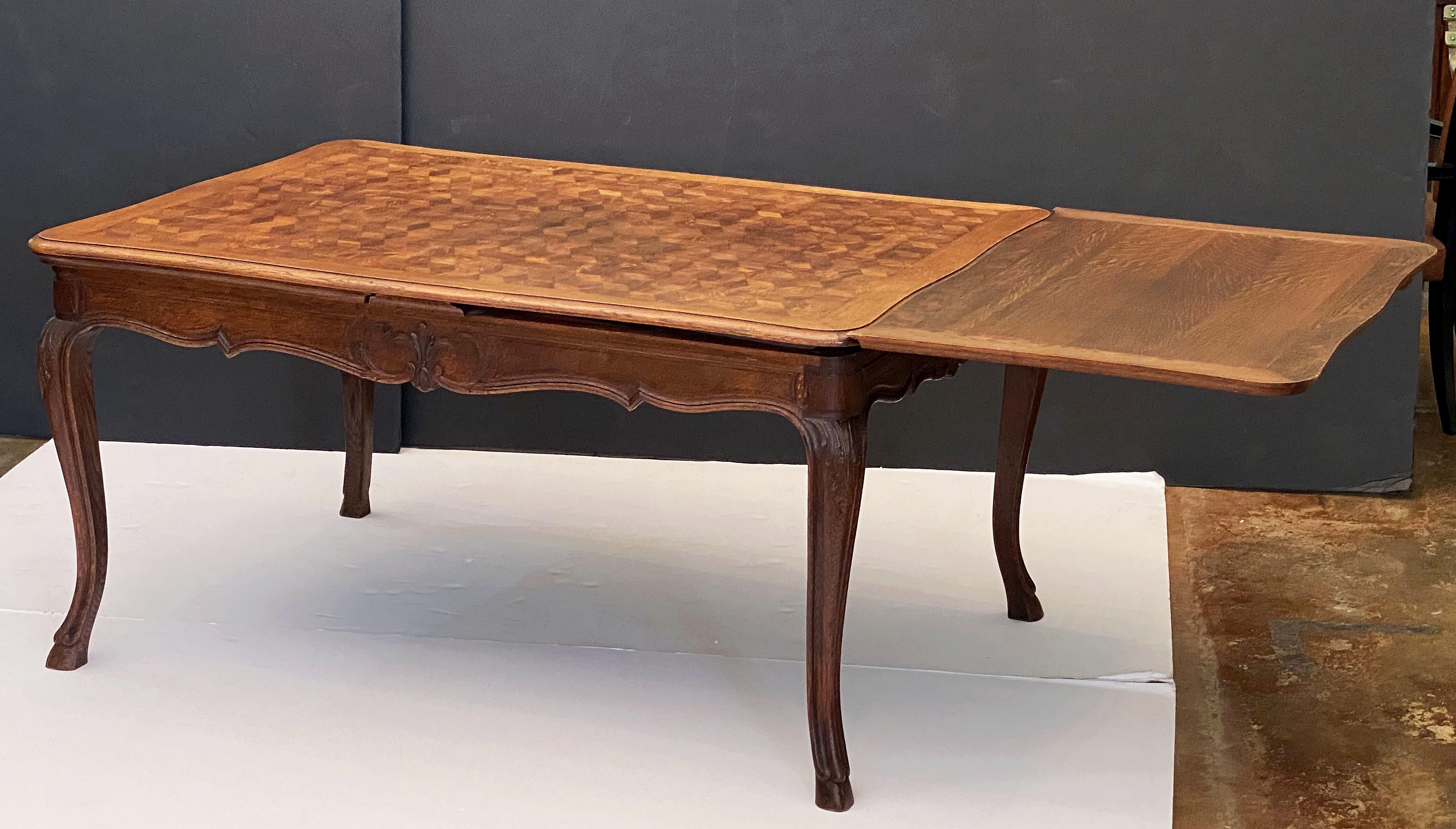 French Draw-Leaf Dining Table of Oak with Parquetry Top 1