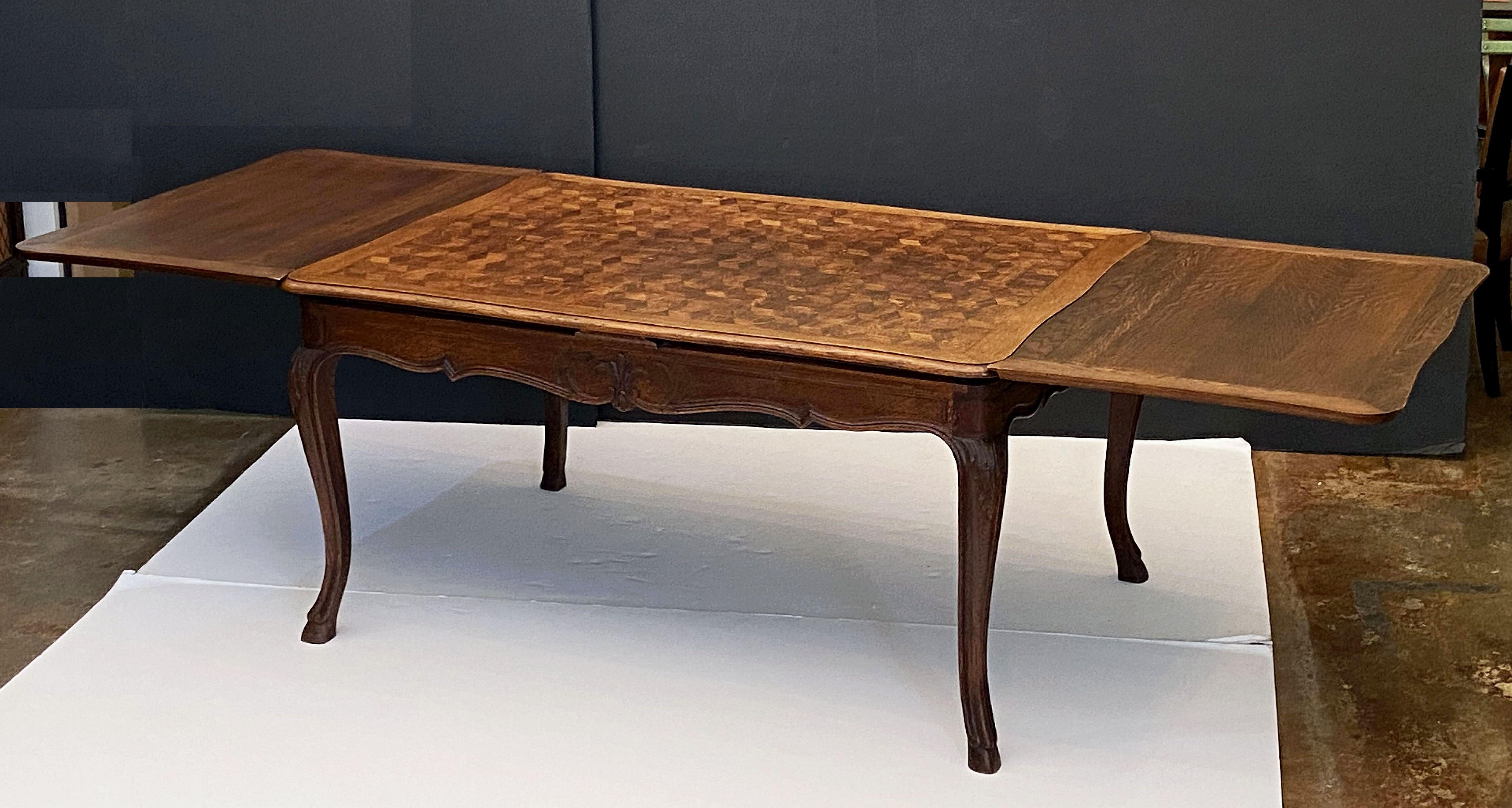 French Draw-Leaf Dining Table of Oak with Parquetry Top 2