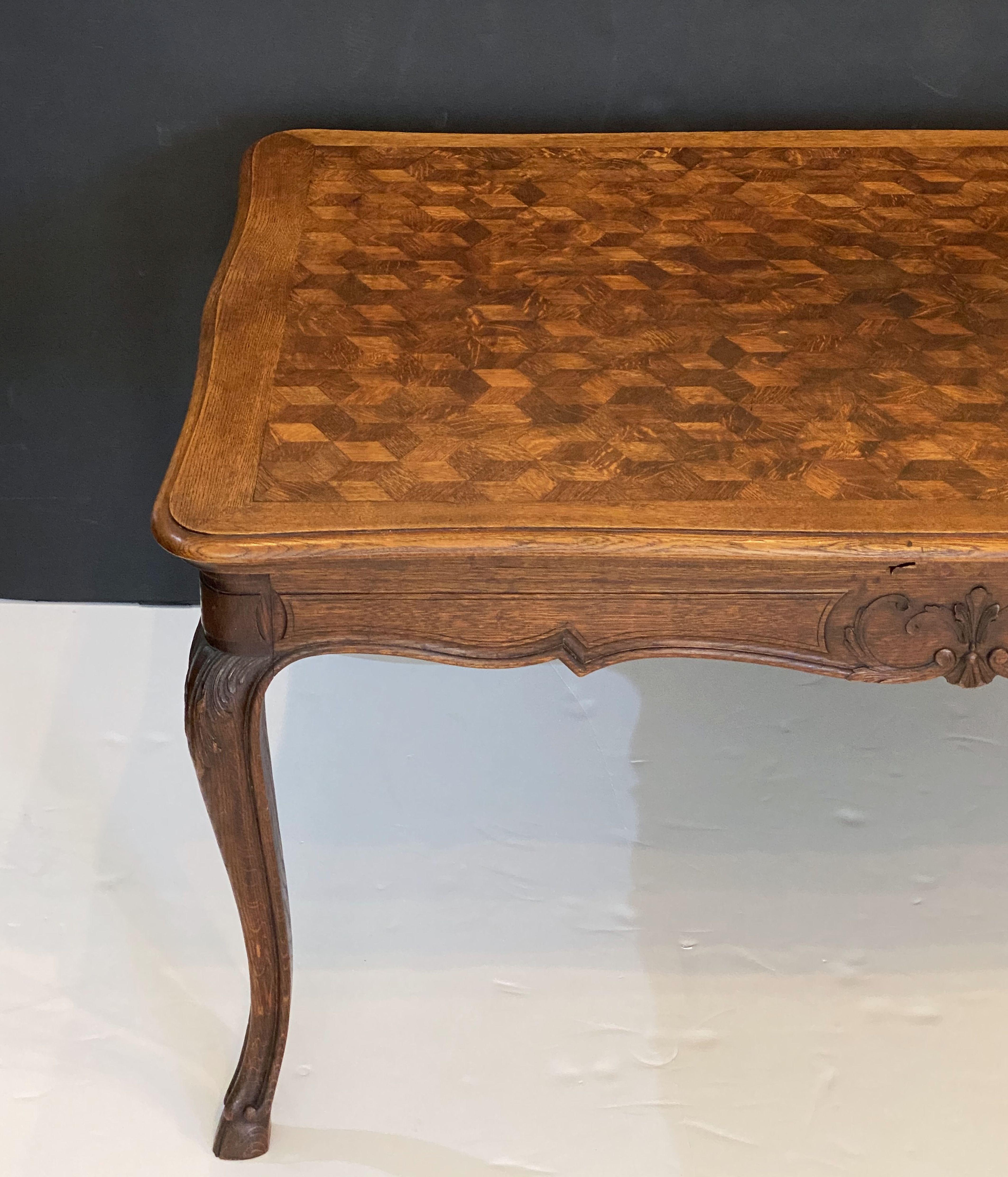 French Draw-Leaf Dining Table of Oak with Parquetry Top 3