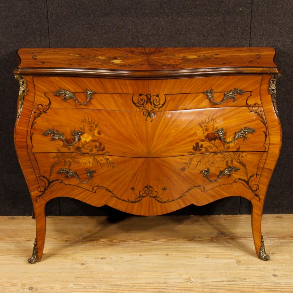 French dresser from 20th century. Furniture richly inlaid with floral decorations in various precious woods. Chest of drawers with three drawers of good utility and service with wooden top in character. Furniture of excellent proportion ideal for a