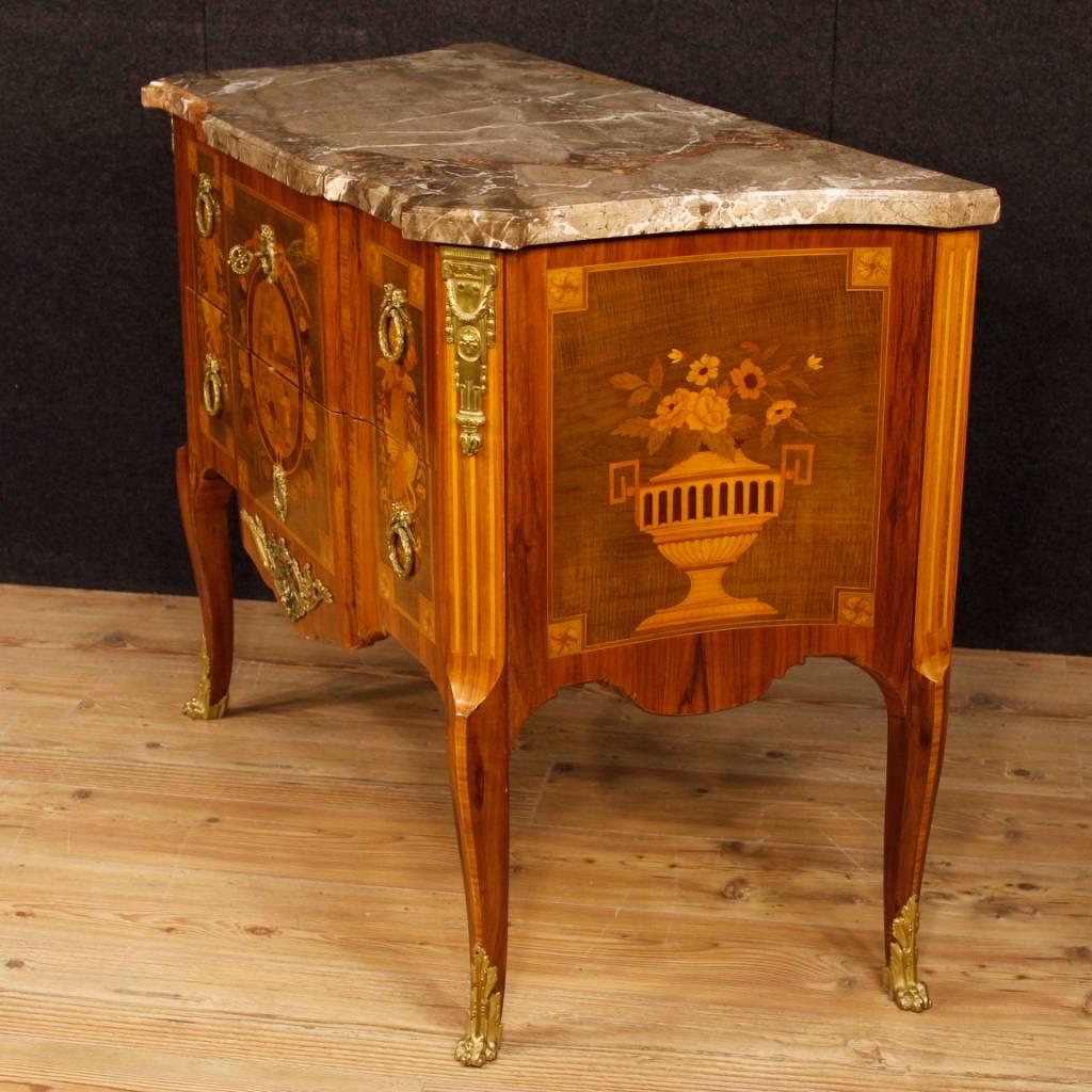 Bronze French Dresser in Inlaid Wood with Marble Top in Louis XV Style 20th Century