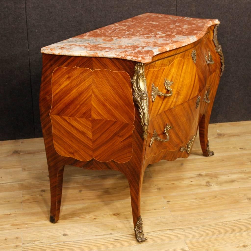 Bronze French Dresser in Inlaid Wood with Marble-Top in Louis XV Style 20th Century