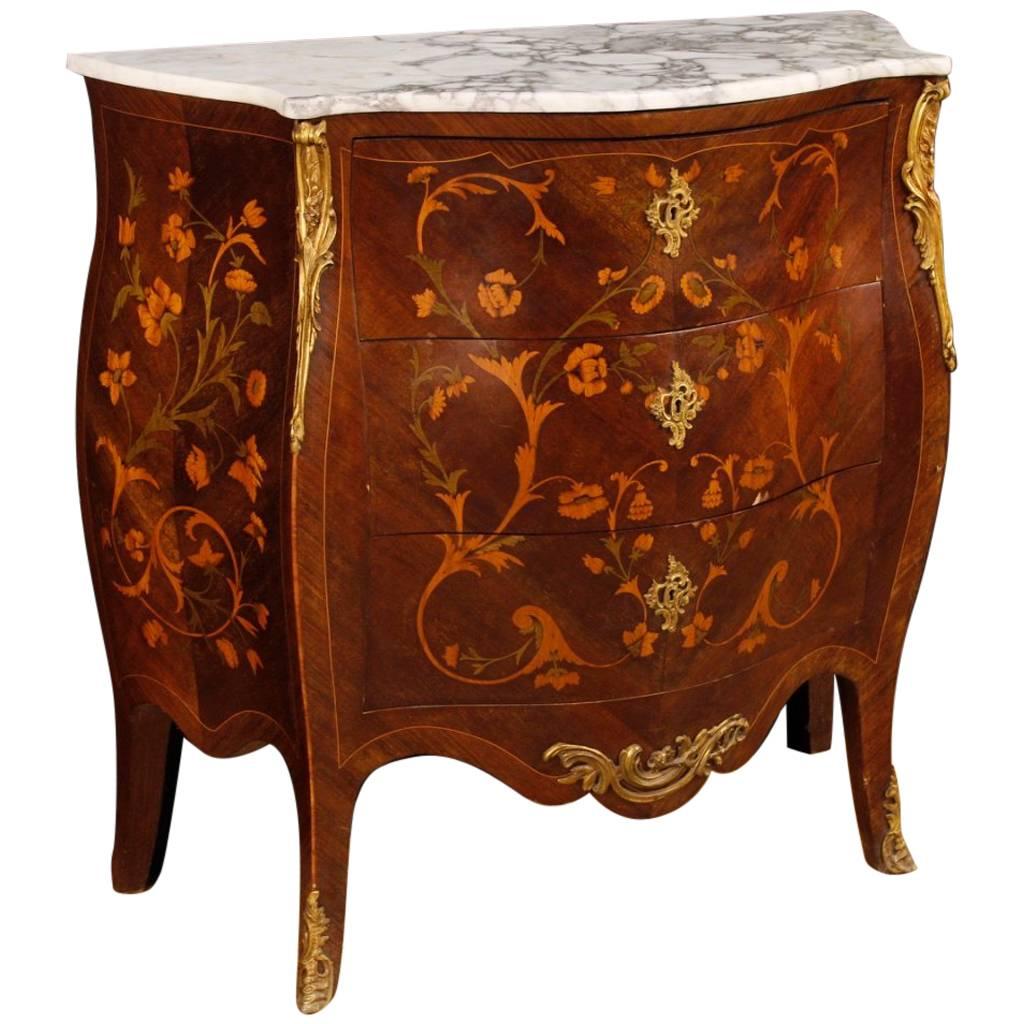 French Dresser in Inlaid Wood with Marble Top in Louis XV Style, 20th Century