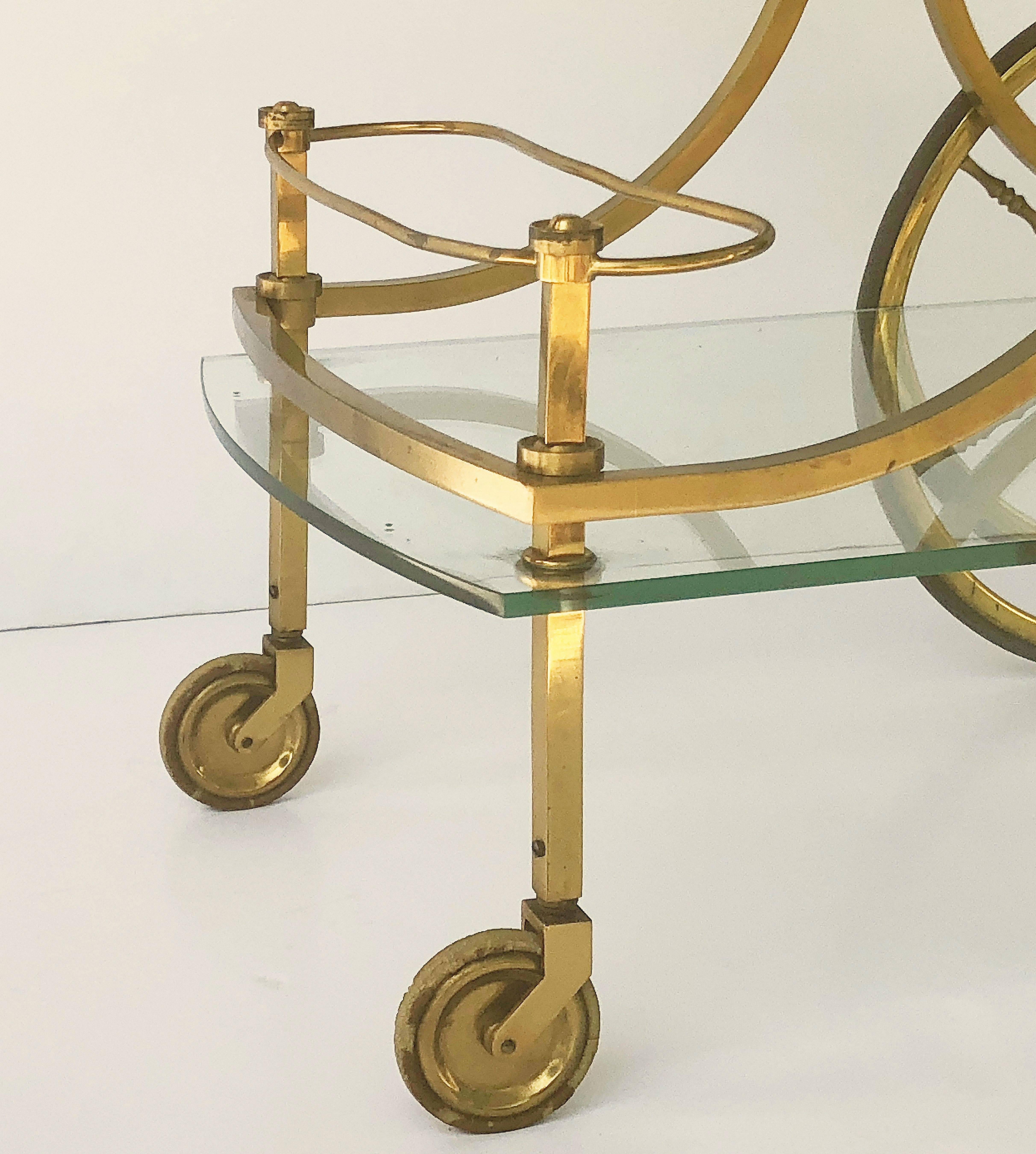 French Rolling Drinks Cart of Bronzed Brass and Glass by Maison Charles For Sale 5