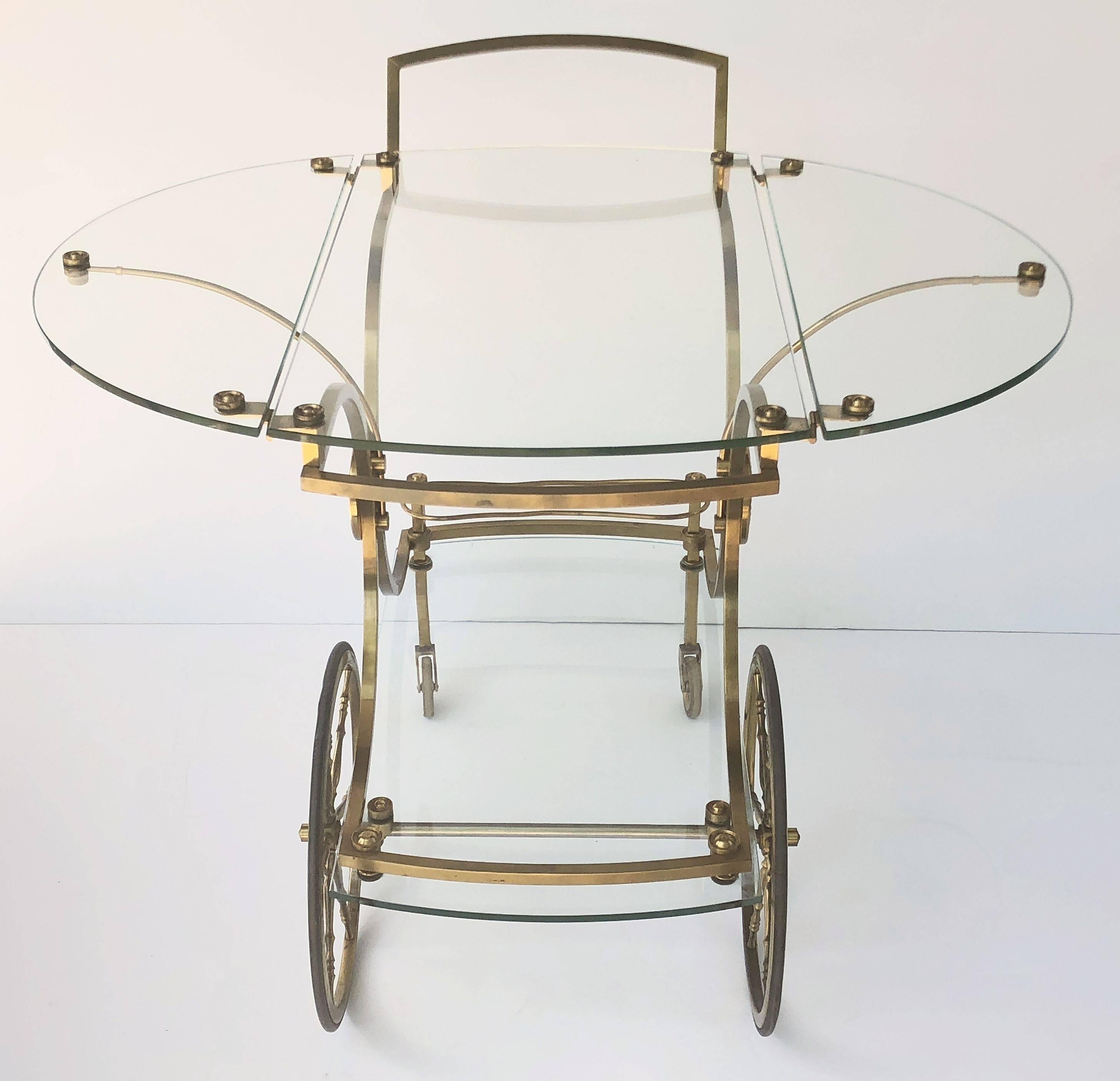 French Rolling Drinks Cart of Bronzed Brass and Glass by Maison Charles In Good Condition For Sale In Austin, TX