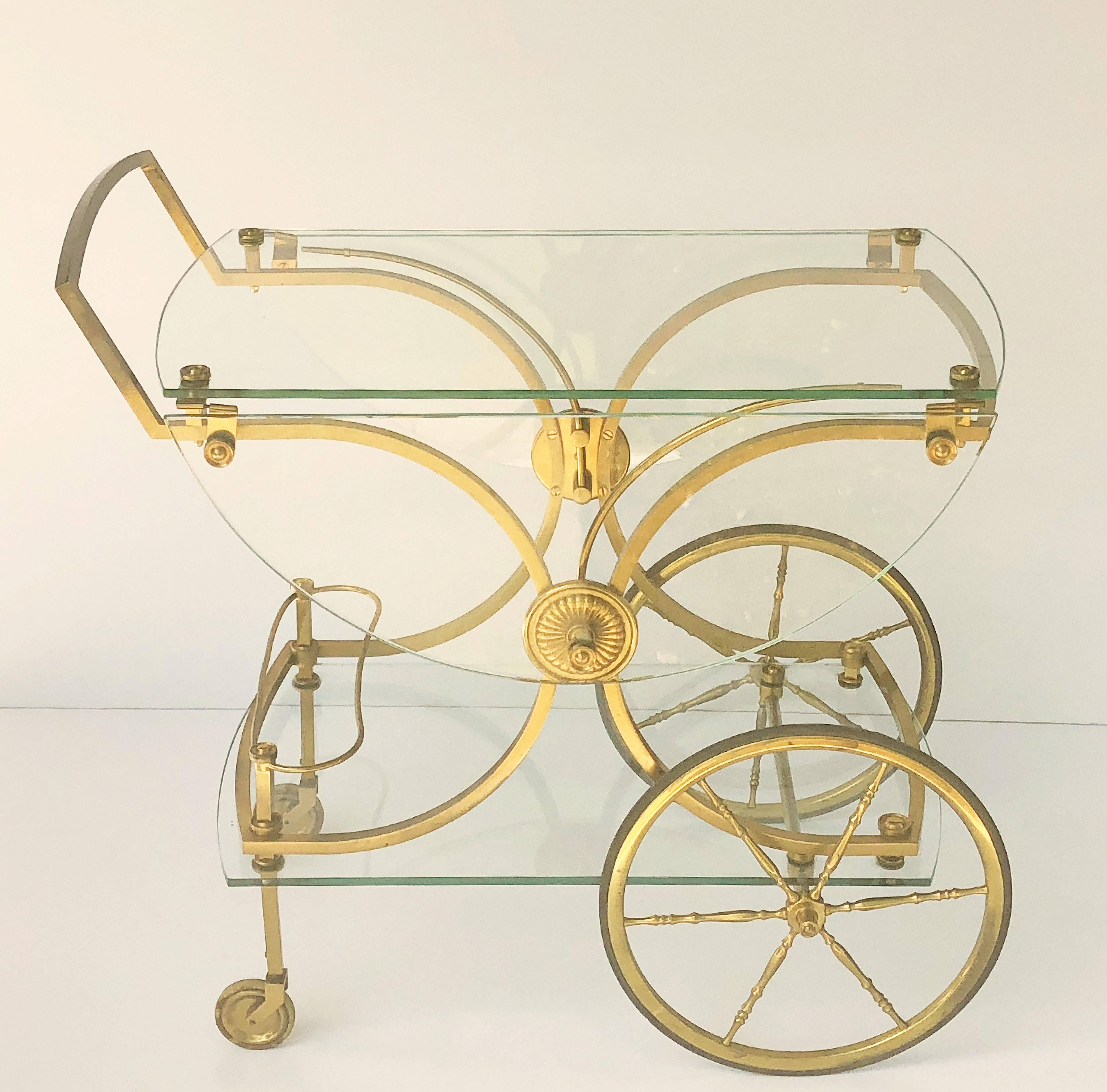 20th Century French Rolling Drinks Cart of Bronzed Brass and Glass by Maison Charles For Sale
