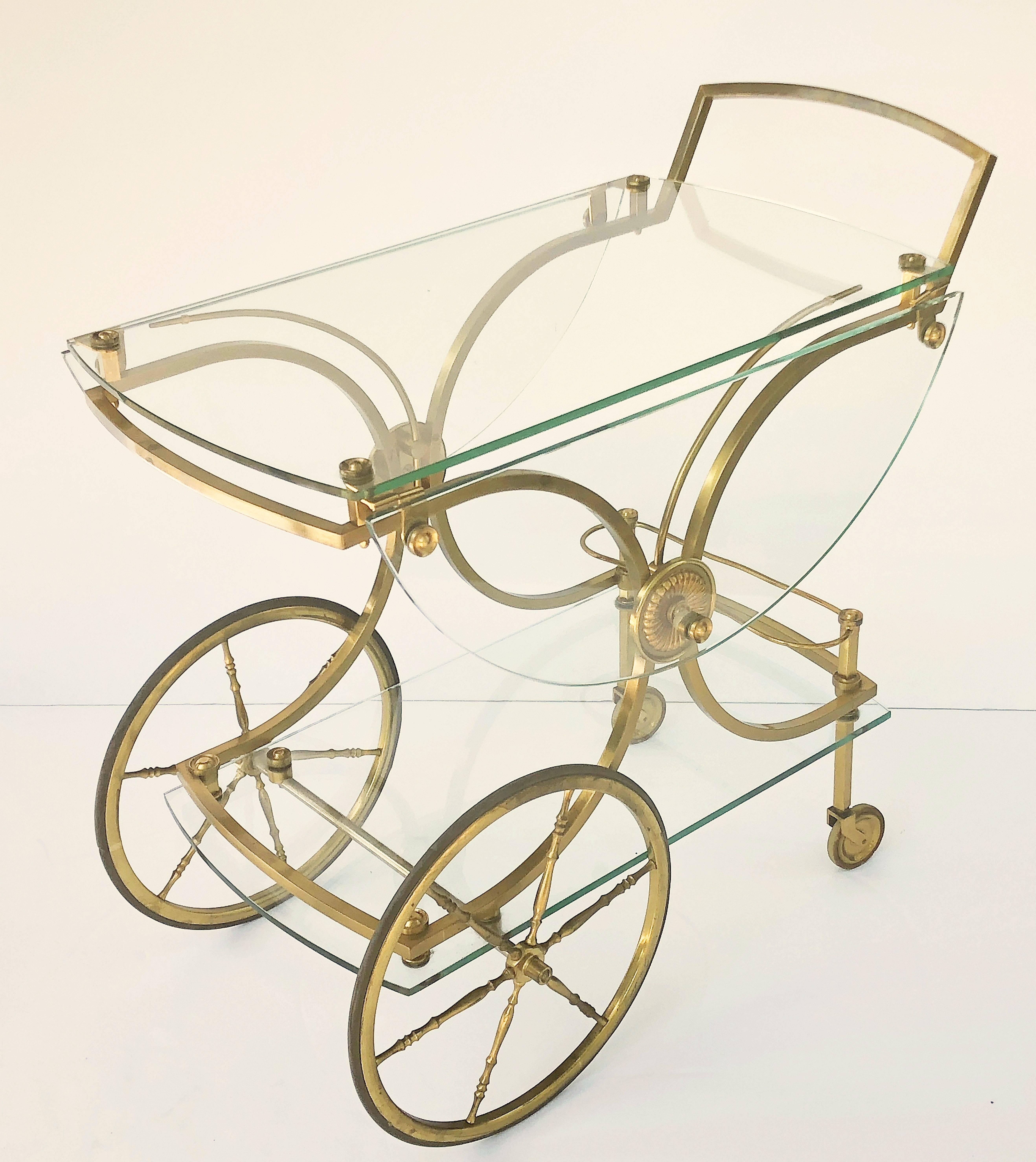 Metal French Rolling Drinks Cart of Bronzed Brass and Glass by Maison Charles For Sale