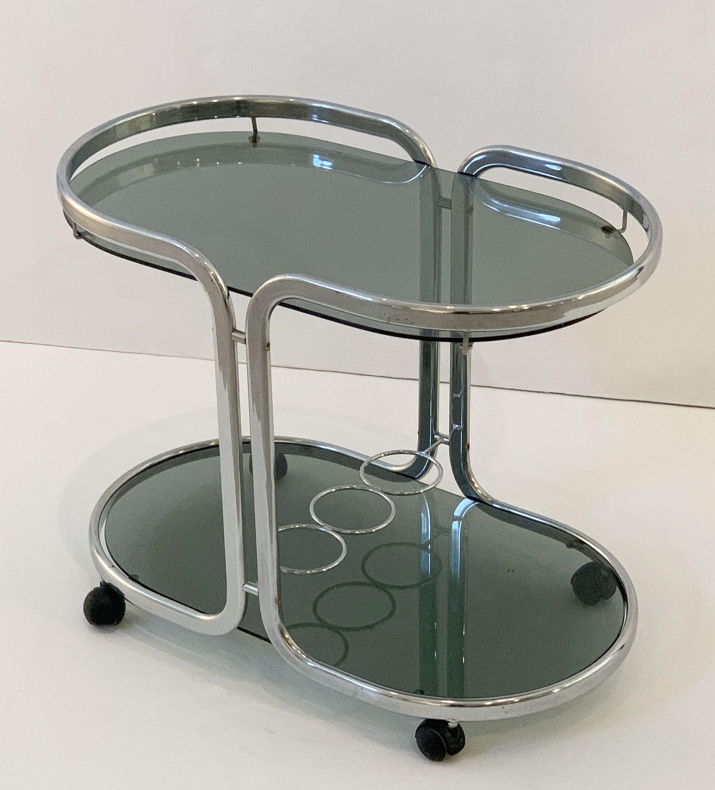 Modern French Drinks Cart of Chrome and Smoked Glass