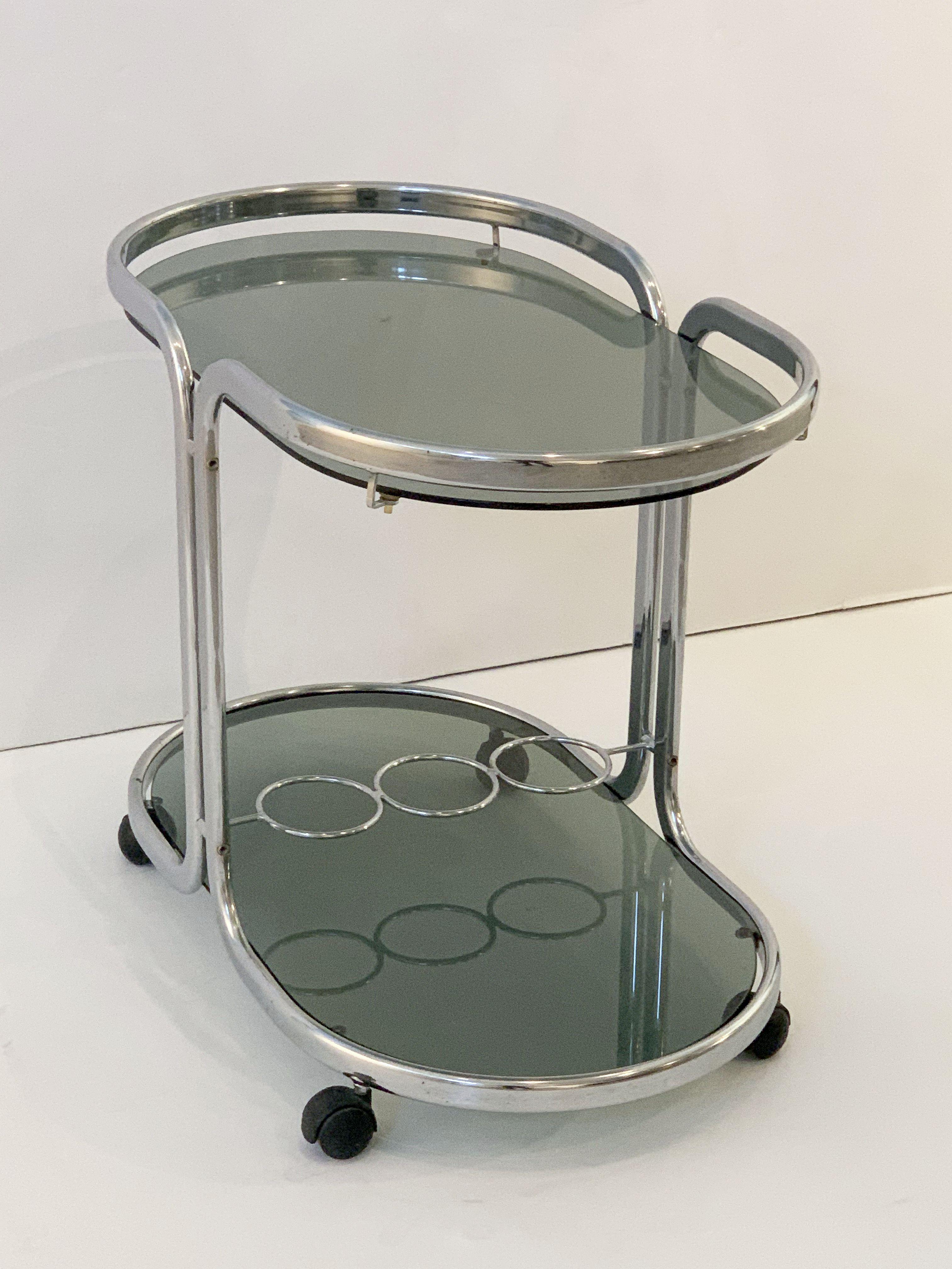 20th Century French Drinks Cart of Chrome and Smoked Glass