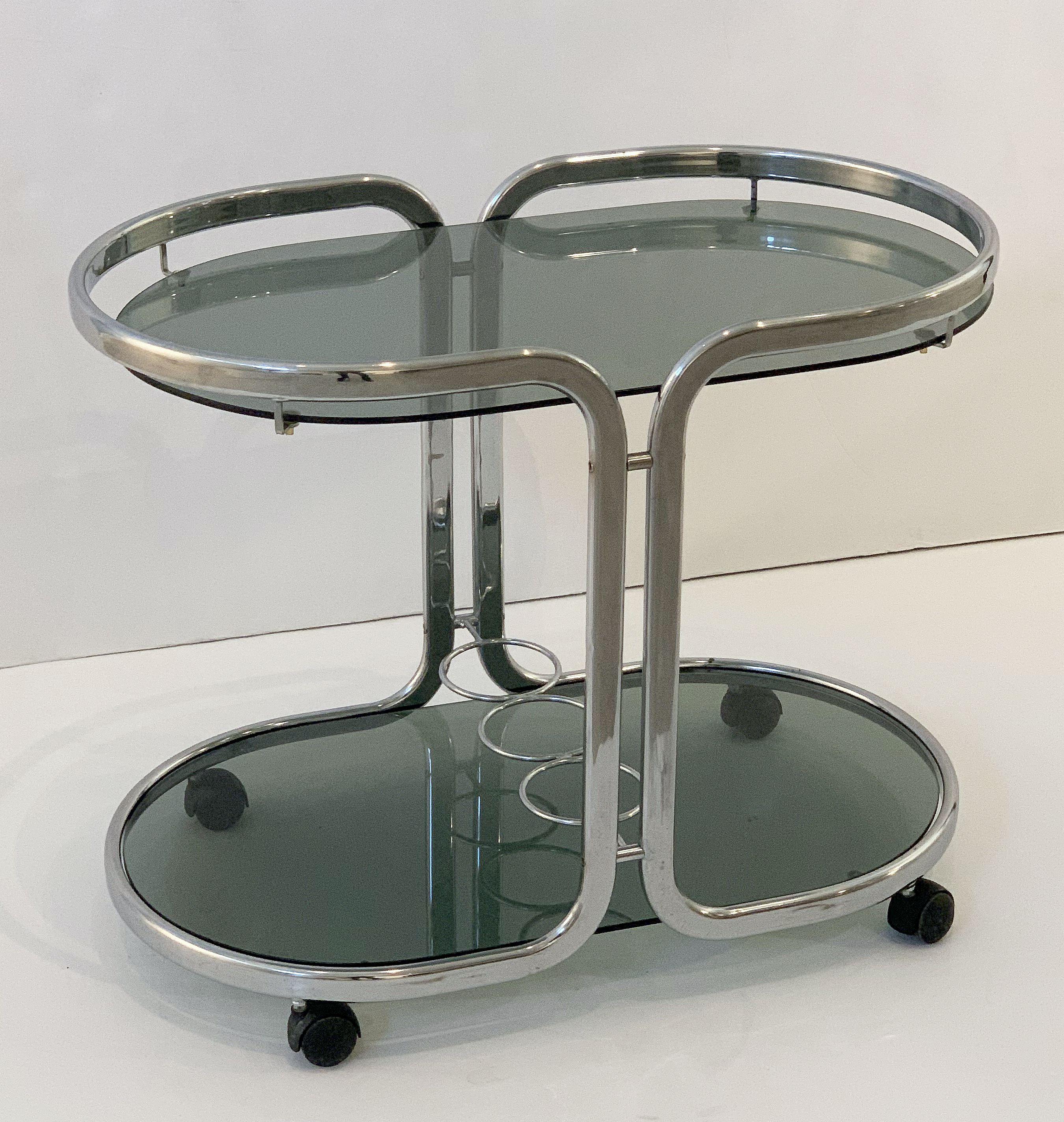 Metal French Drinks Cart of Chrome and Smoked Glass