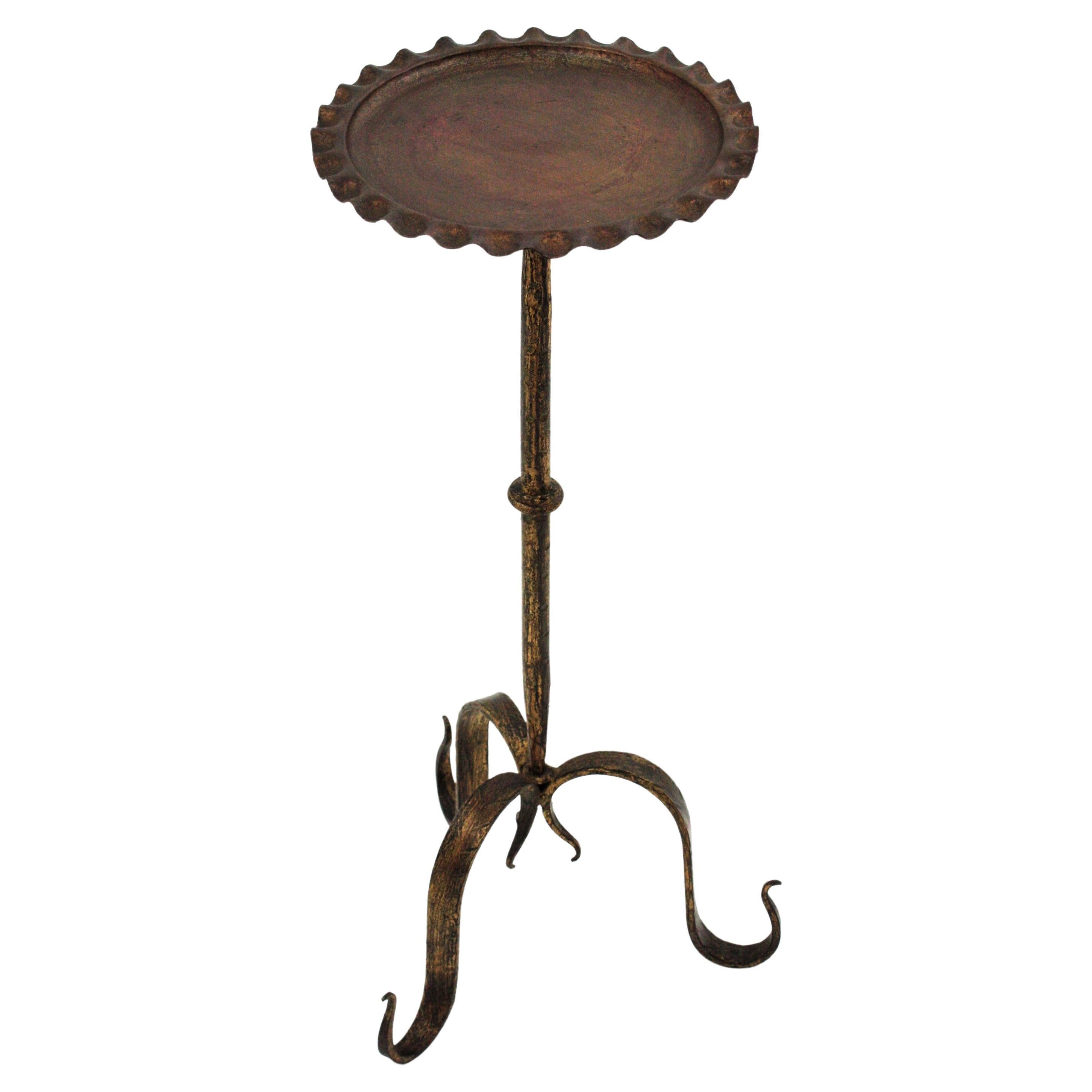 Mid-Century Modern French Drinks Table / Side Table / Martini Table in Gilt Iron with Wavy Top For Sale