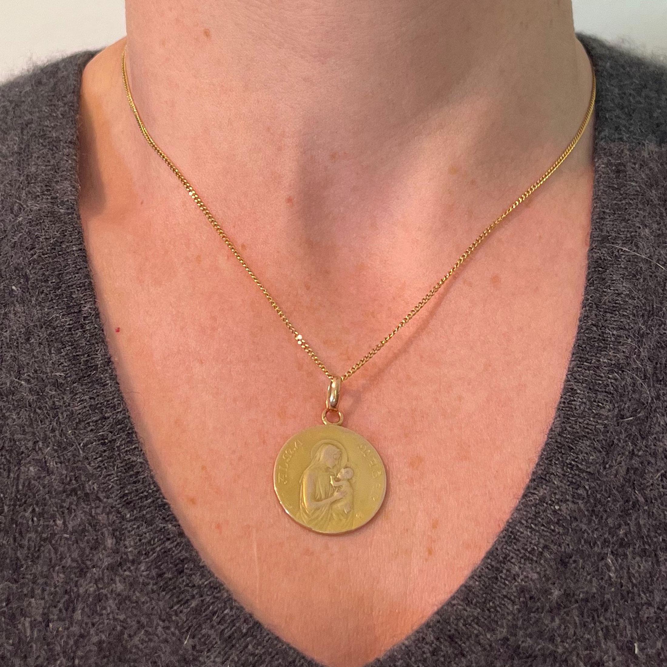 Women's French Dropsy 18K Yellow Gold Madonna and Child Alma Mater Medal Pendant For Sale