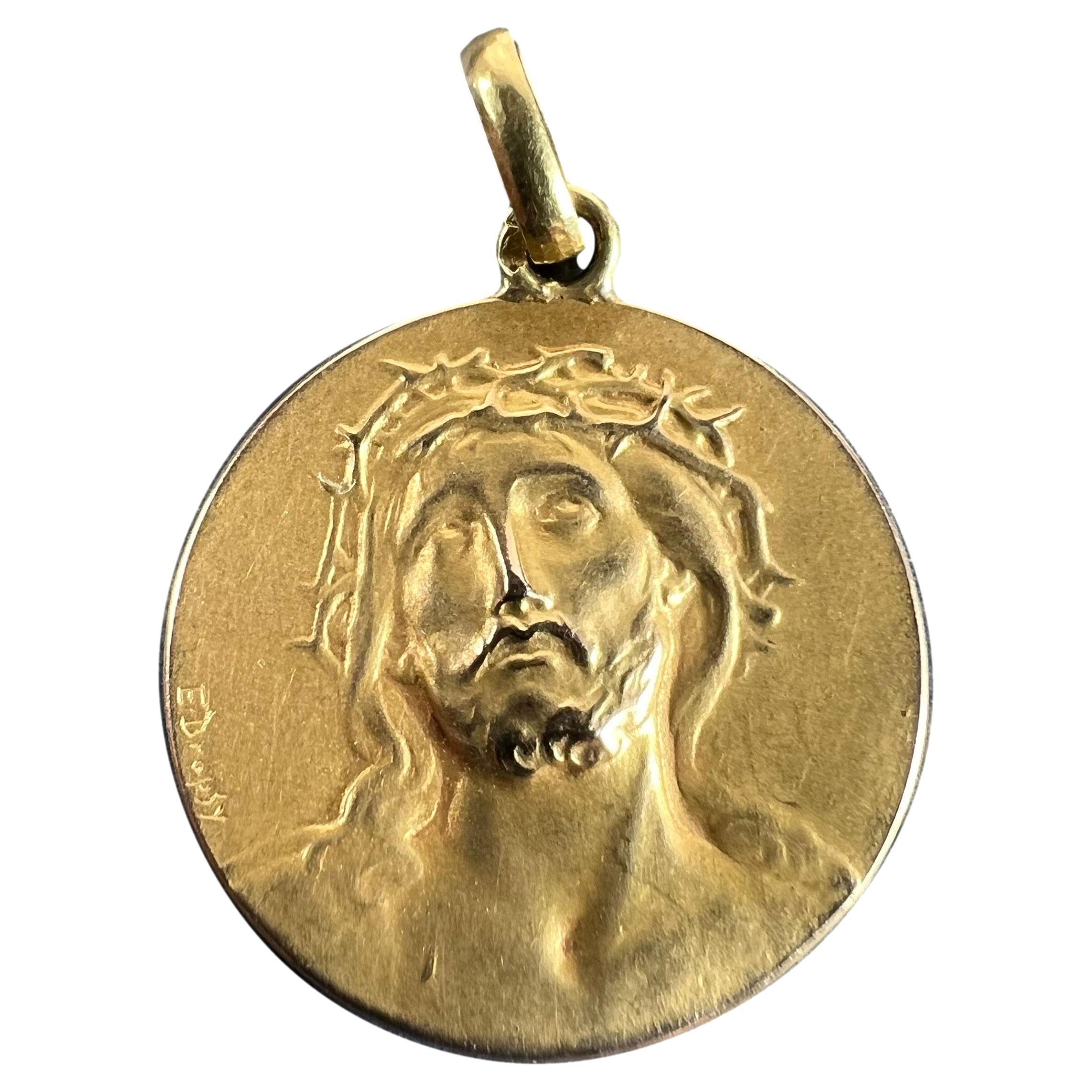 French Dropsy Jesus Christ Crown of Thorns 18K Yellow Gold Medal Pendant