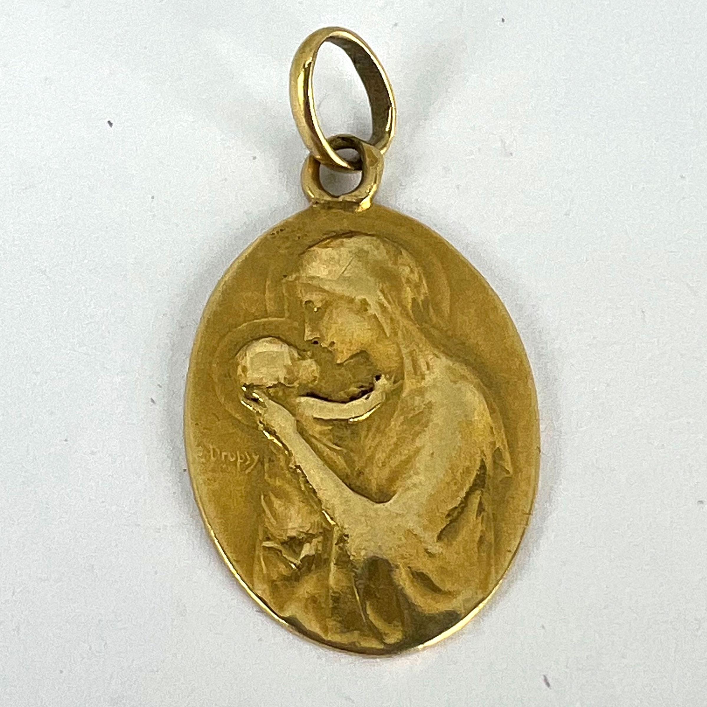 French Dropsy Madonna and Child 18K Yellow Gold Charm Pendant 8