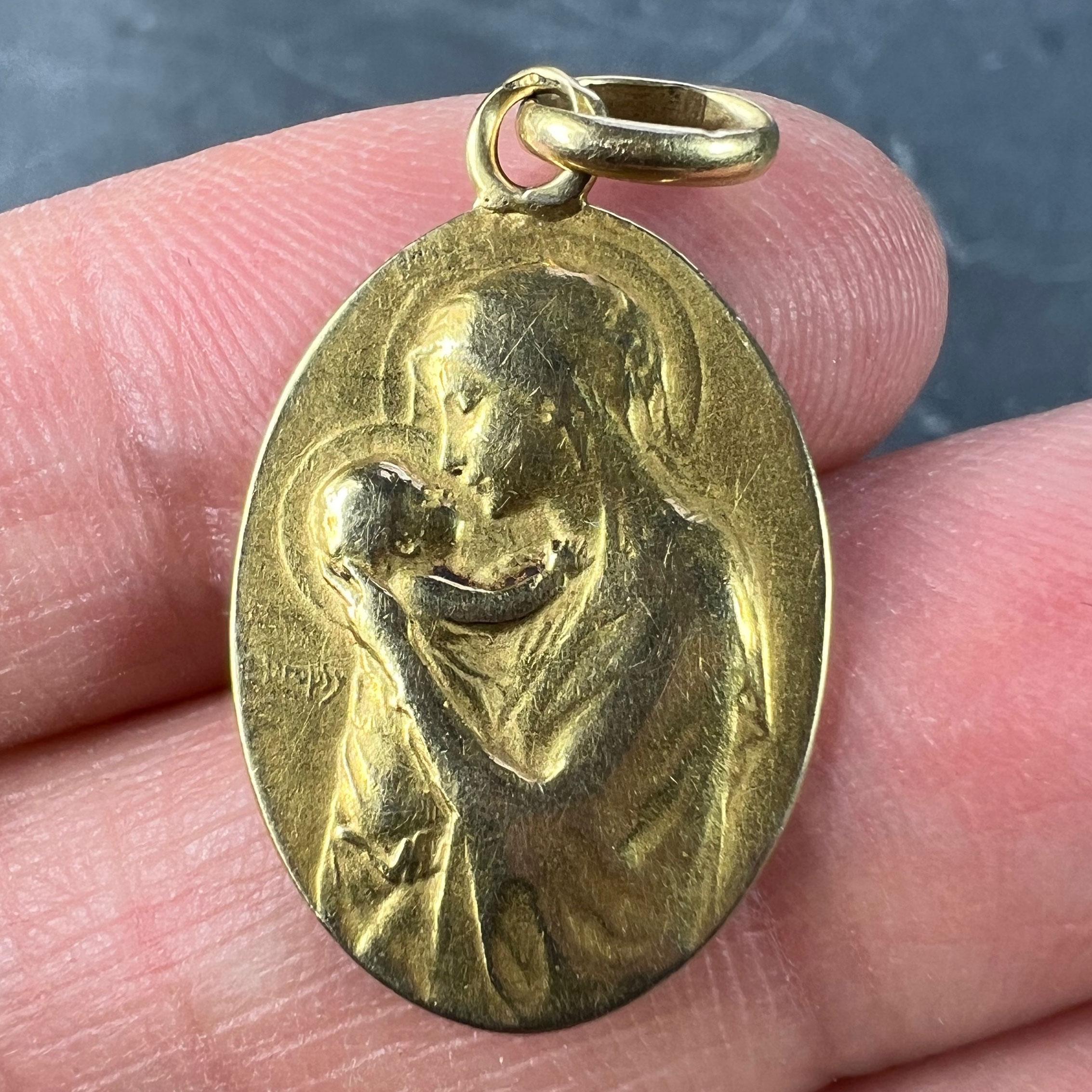 French Dropsy Madonna and Child 18K Yellow Gold Charm Pendant 1