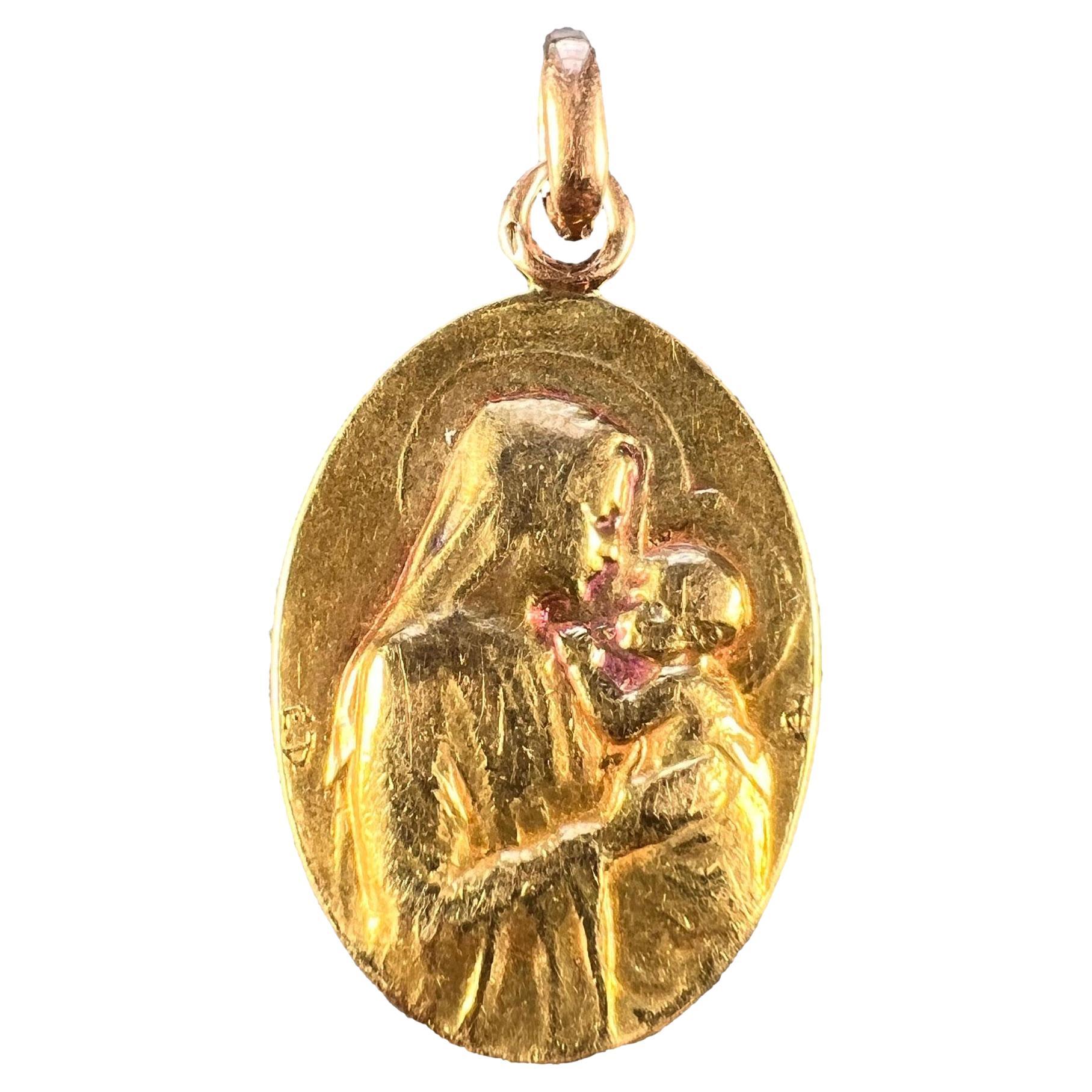 French Dropsy Madonna and Child 18k Yellow Gold Charm Pendant For Sale