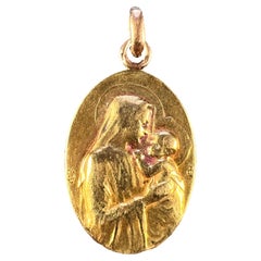 Vintage French Dropsy Madonna and Child 18k Yellow Gold Charm Pendant