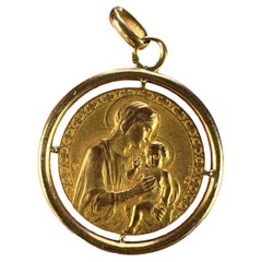 Vintage French Dropsy Madonna and Child 18K Yellow Gold Medal Pendant
