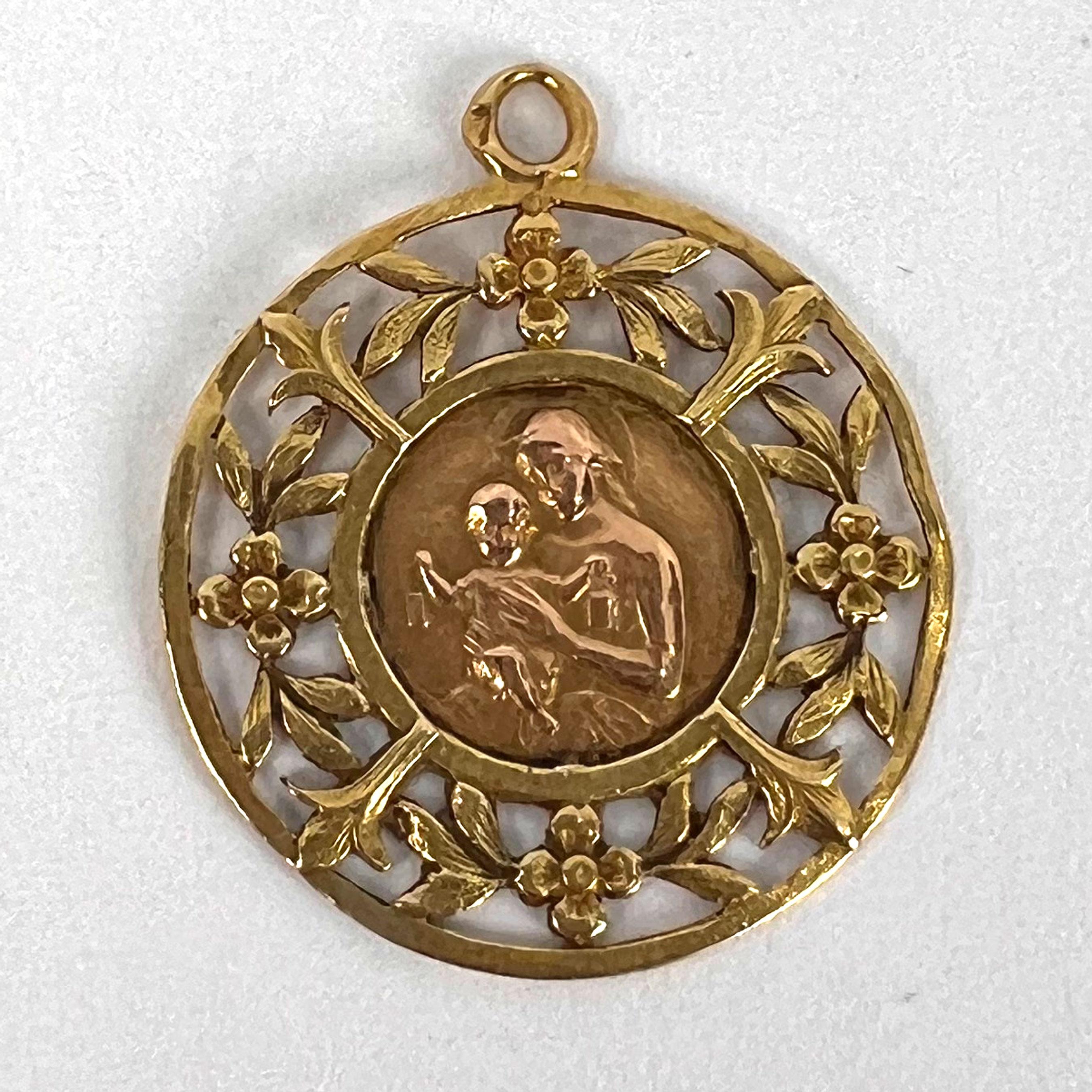 French Dropsy Madonna and Child 18K Yellow Rose Gold Charm Pendant For Sale 2