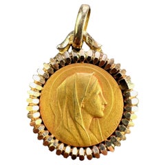 Pendentif français Dropsy Perriat Virgin Mary en or jaune 18 carats avec médaille religieuse