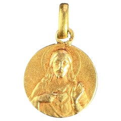 Vintage French Dropsy Sacred Heart Madonna and Child 18K Yellow Gold Medal Pendant