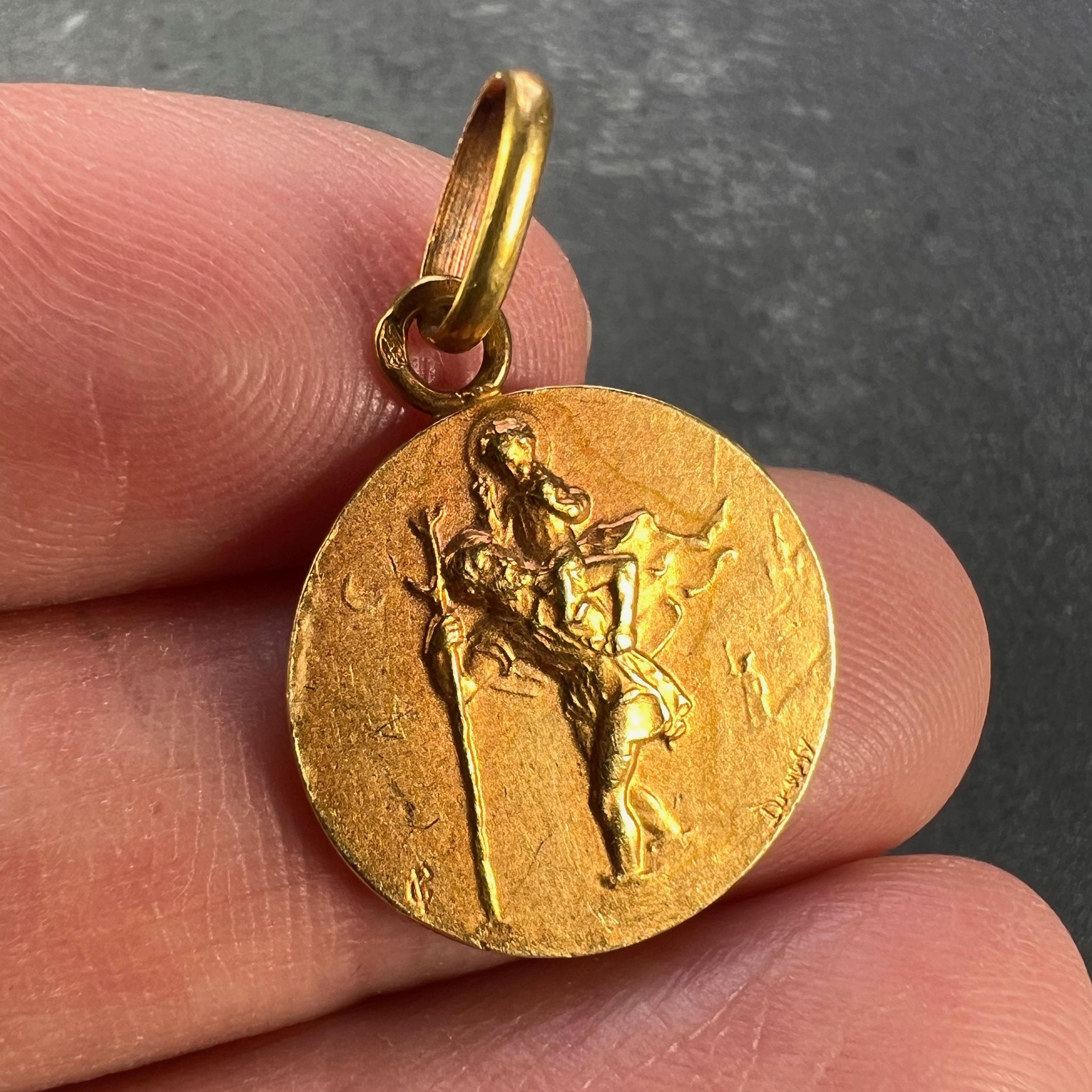 Women's or Men's French Dropsy Saint Christopher 18k Yellow Gold Charm Pendant