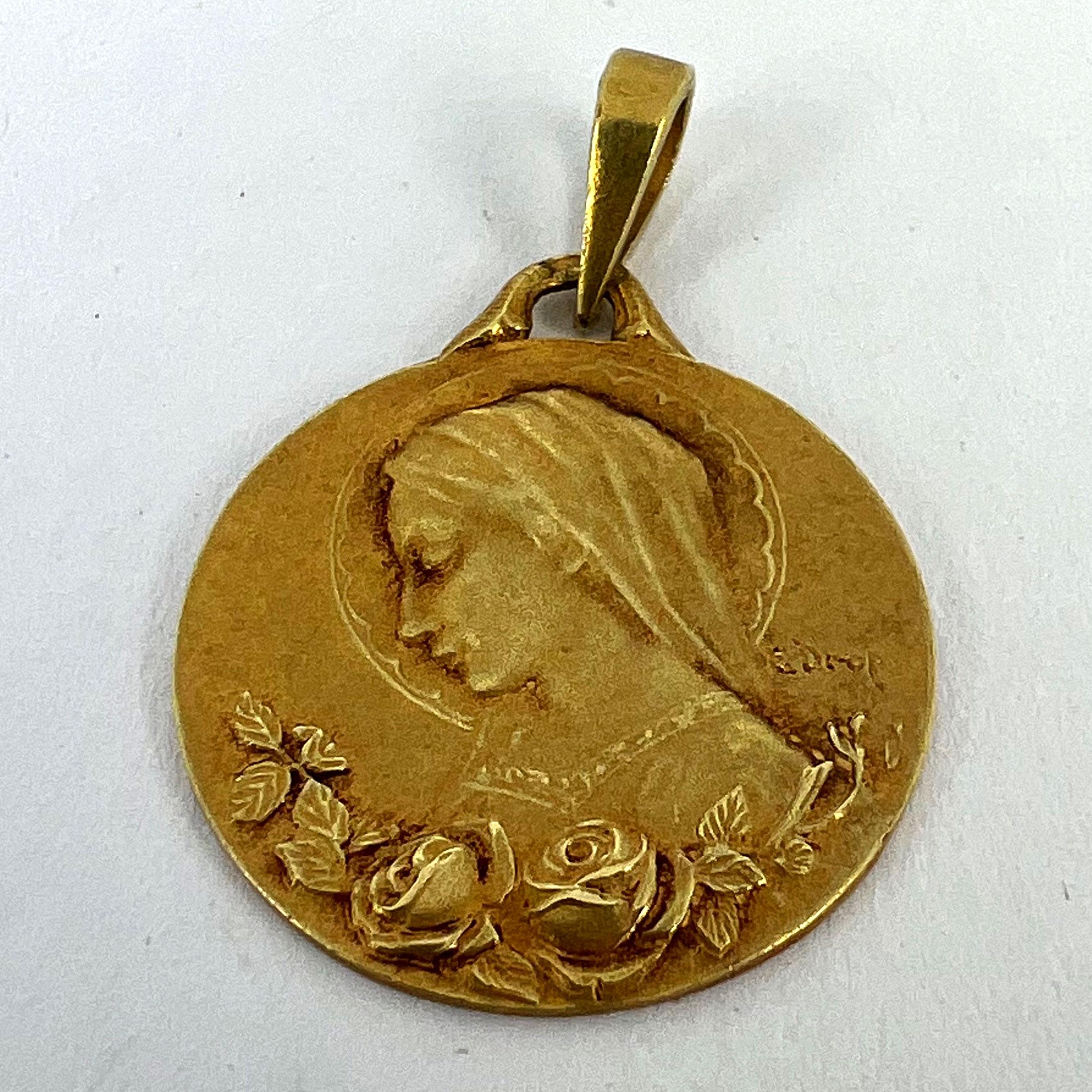 French Dropsy Virgin Mary 18K Yellow Gold Medal Charm Pendant 9