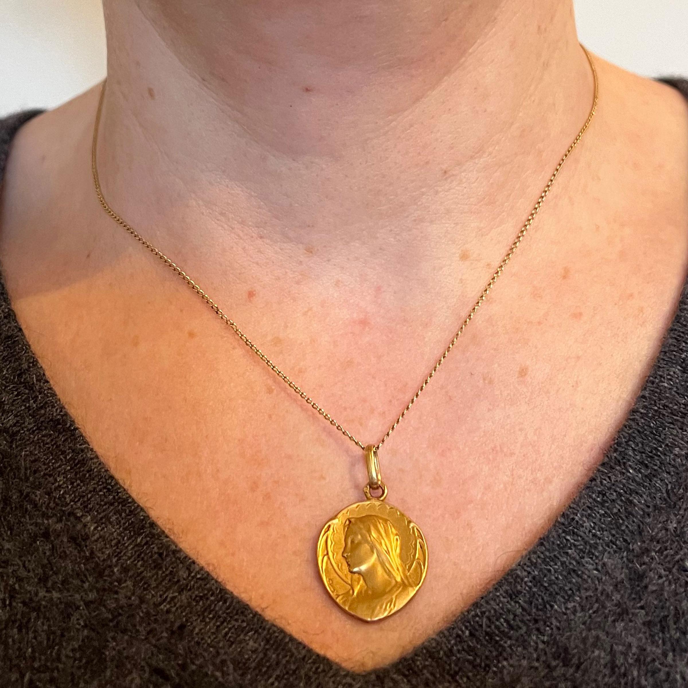 Women's or Men's French Dropsy Virgin Mary 18K Yellow Gold Medal Pendant
