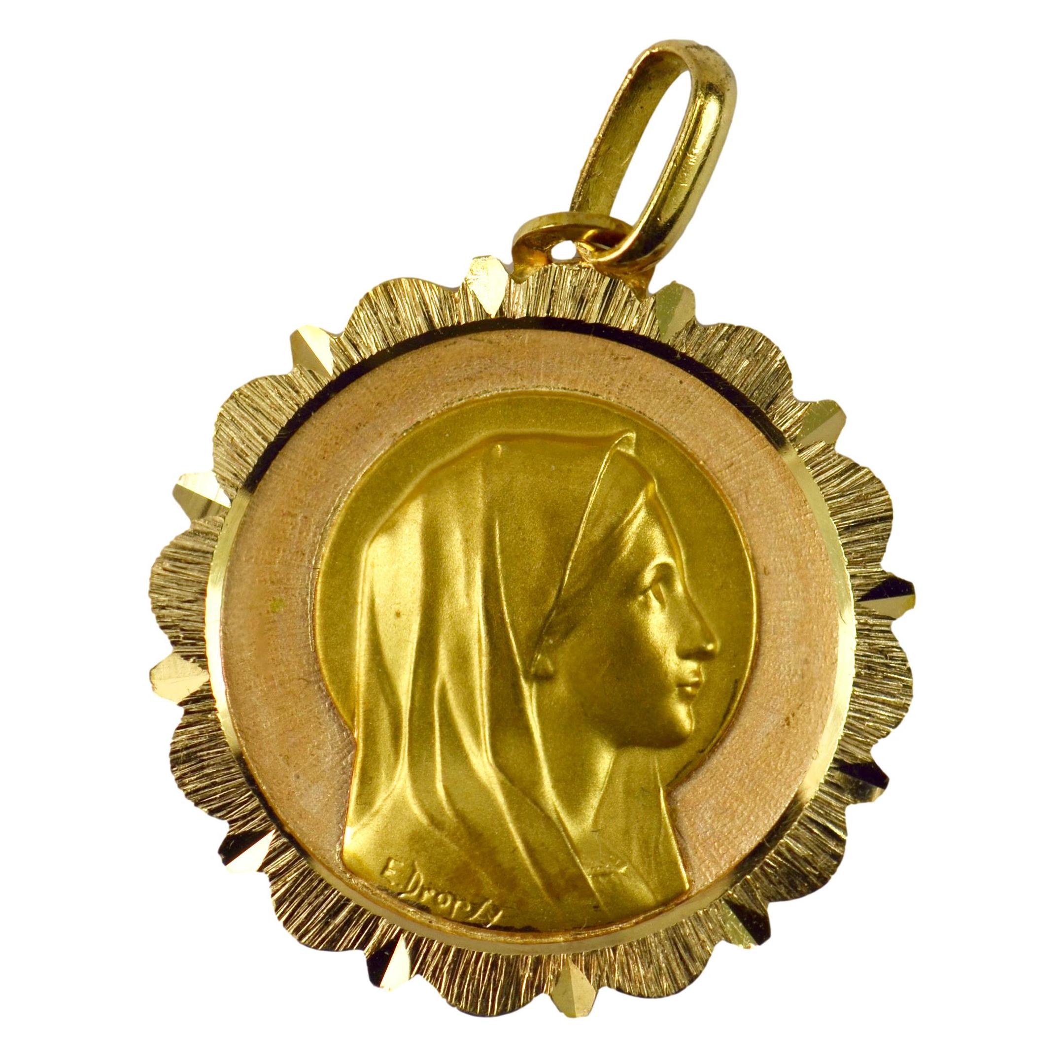 French Dropsy Virgin Mary 18k Yellow Gold Medal Pendant For Sale