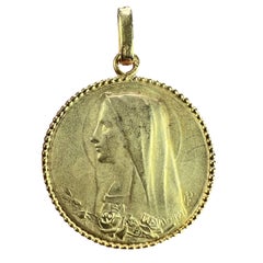 Vintage French Dropsy Virgin Mary 18K Yellow Gold Medal Pendant