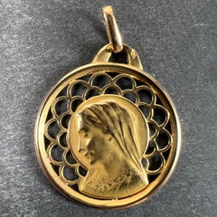 French Dropsy Virgin Mary 18K Yellow Gold Pierced Medal Charm Pendant