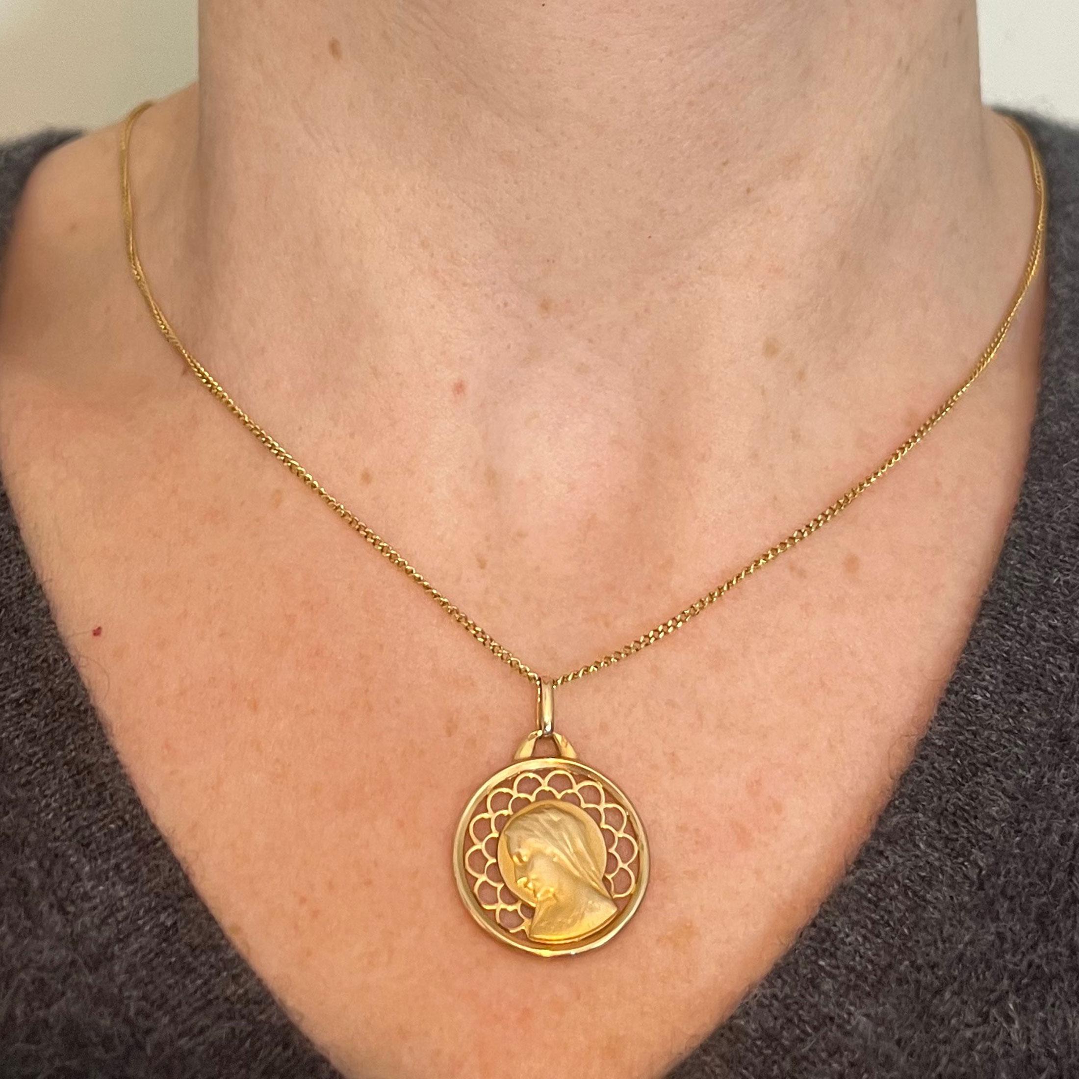 Women's or Men's French Dropsy Virgin Mary 18K Yellow Gold Pierced Medal Charm Pendant For Sale