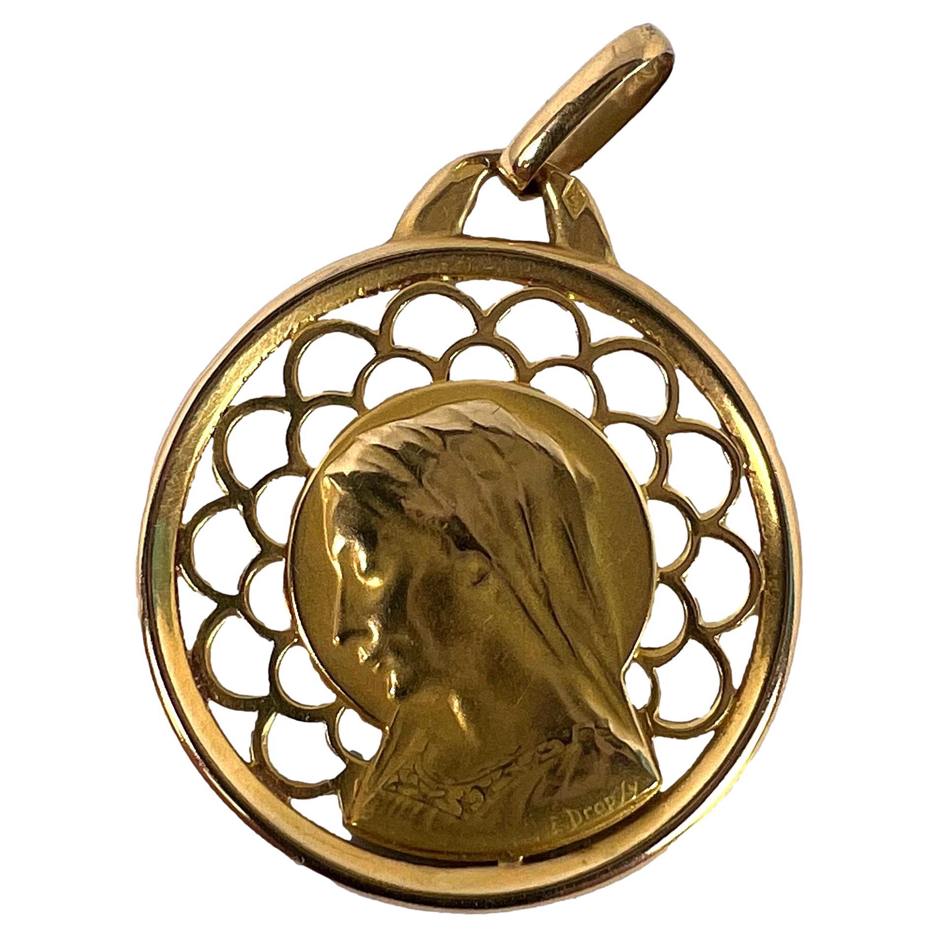 French Dropsy Virgin Mary 18K Yellow Gold Pierced Medal Charm Pendant