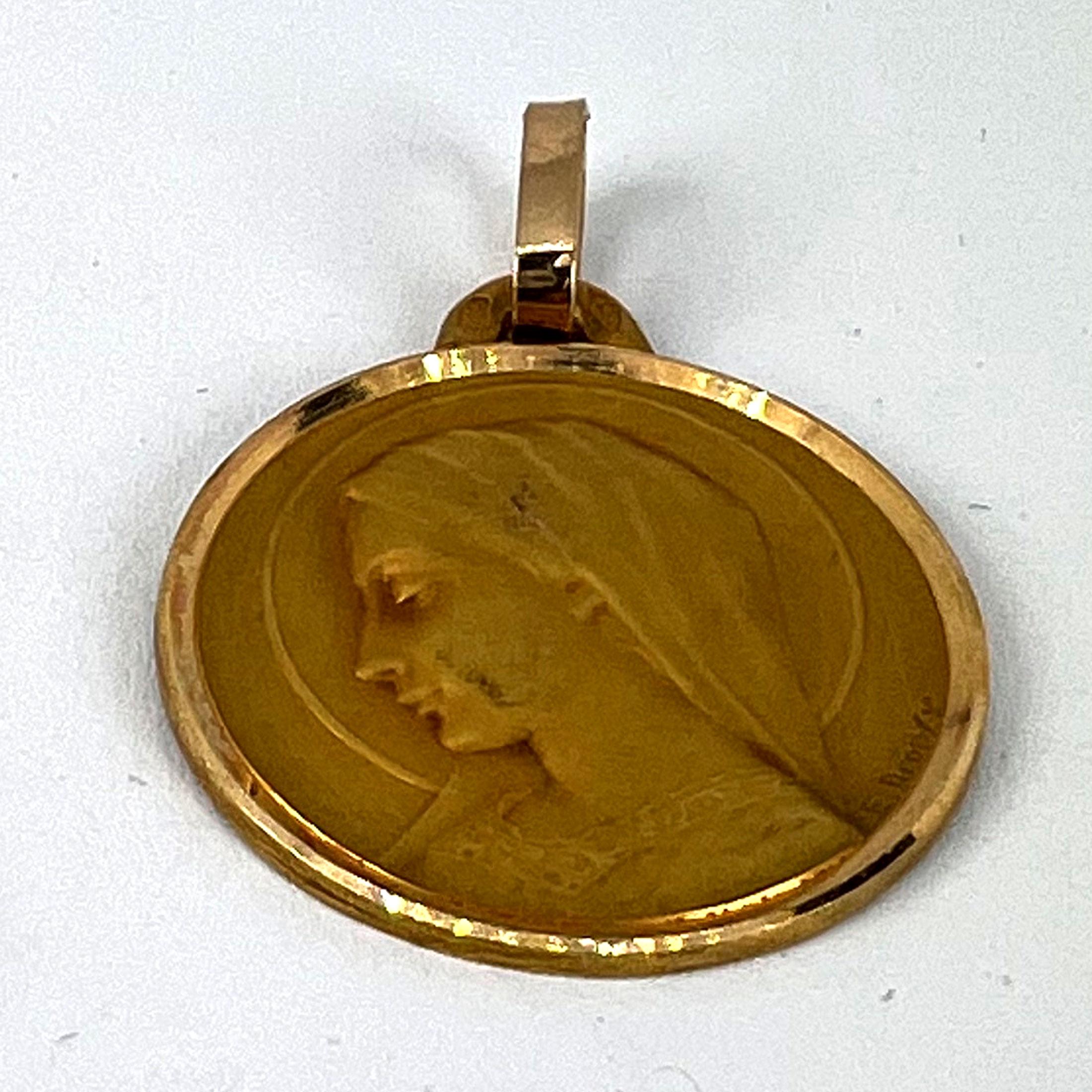 French Dropsy Virgin Mary 18K Yellow Gold Religious Medal Pendant 9