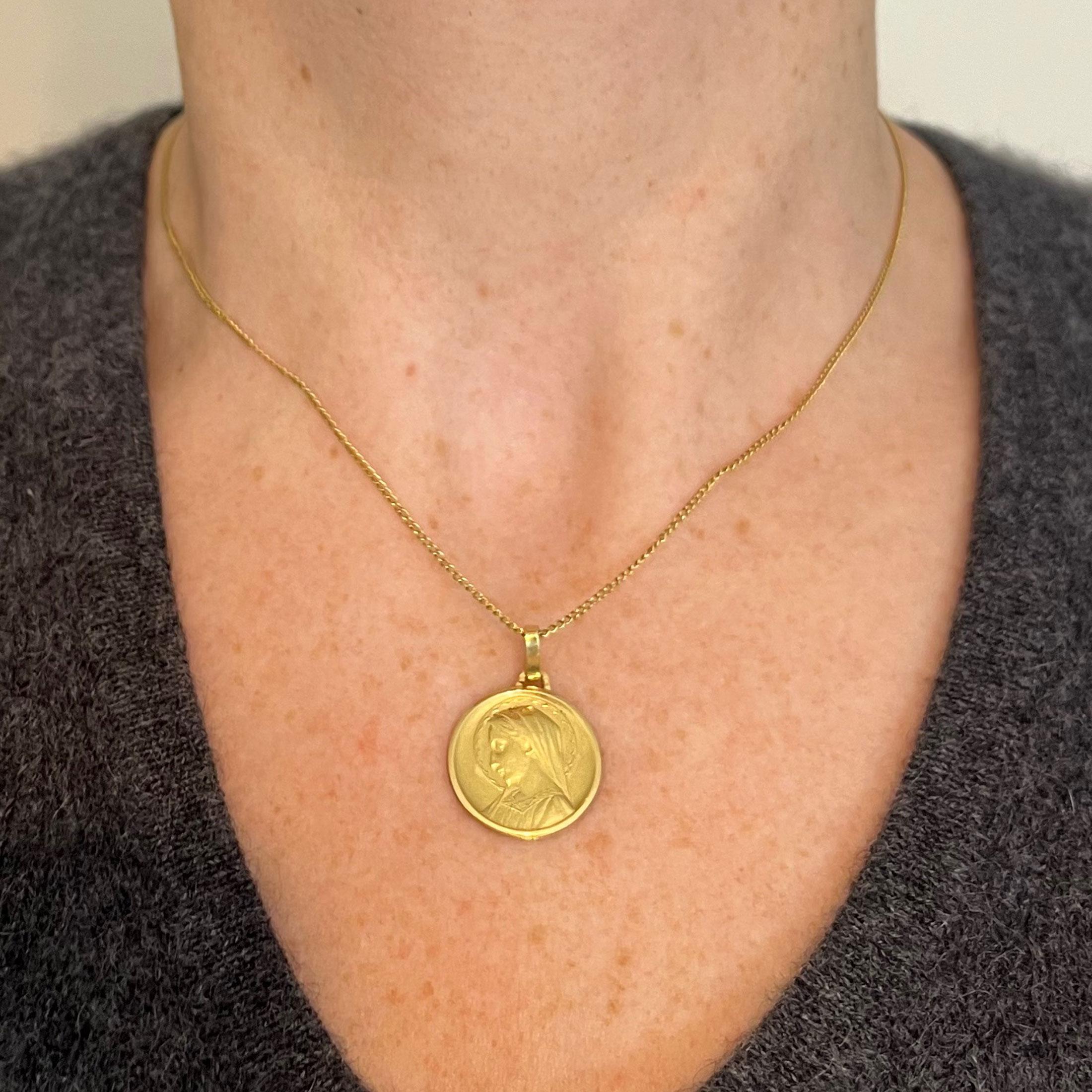 Women's French Dropsy Virgin Mary 18K Yellow Gold Religious Medal Pendant For Sale